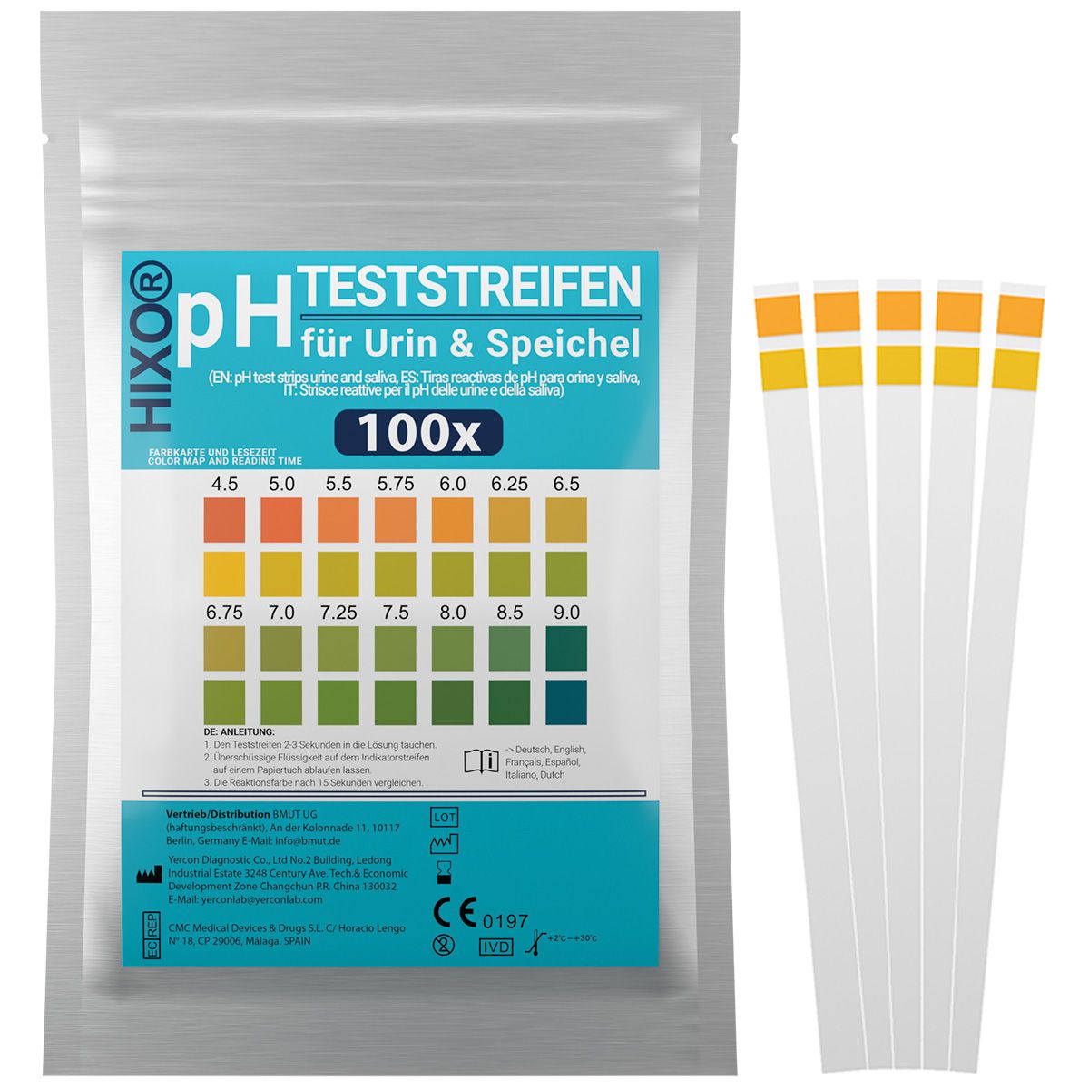 Packung pH-Teststreifen für Urin & Speichel. Enthält 100 Streifen. Farbskala zur pH-Wert-Bestimmung. Streifen mit farbigen Reaktionsfeldern.