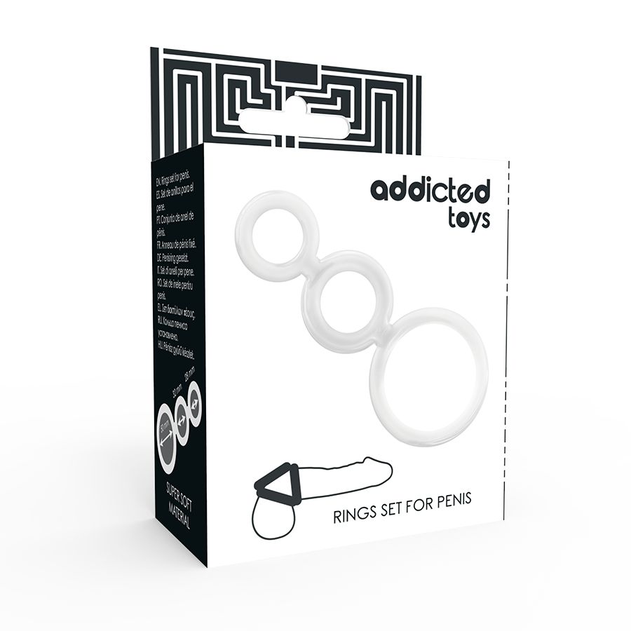 Ein Set aus drei verbundenen Ringen aus weißem, flexiblem Material. Verpackung zeigt Produktabbildung und Markennamen.