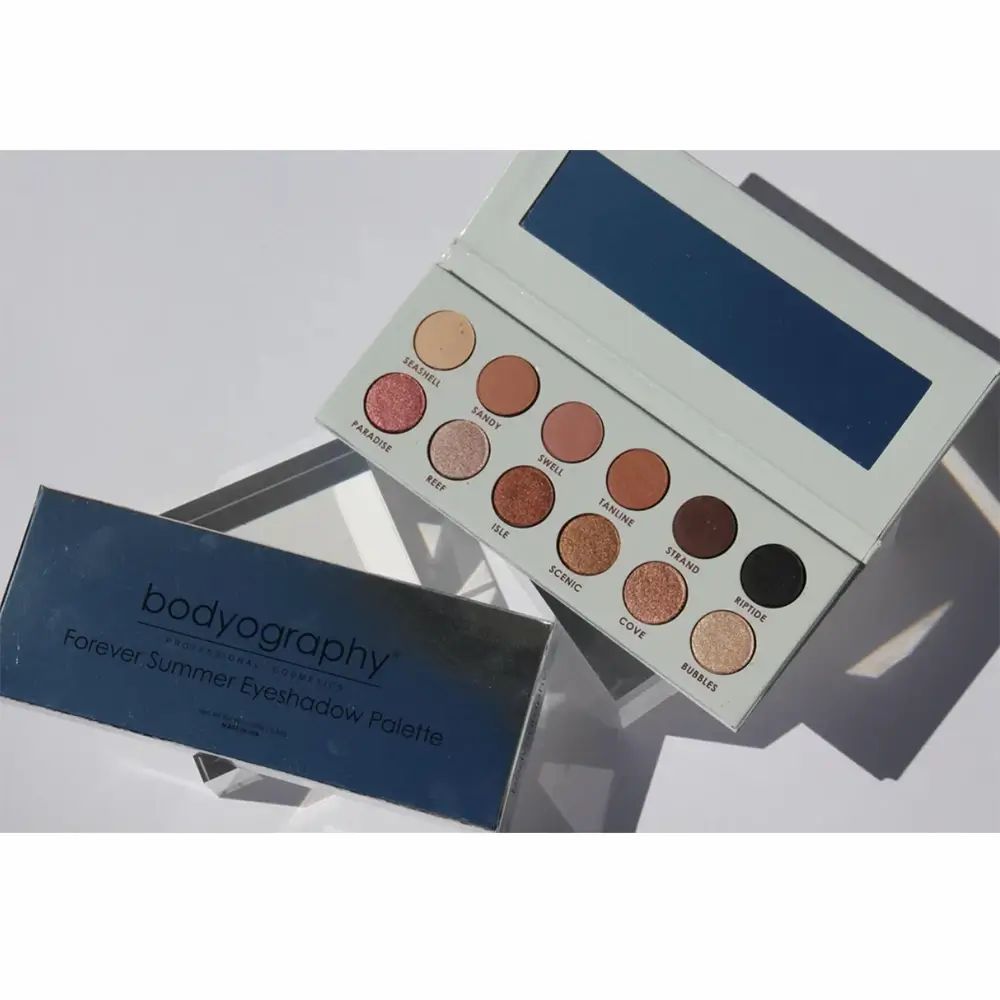 BODYOGRAPHY Forever Summer Lidschattenpalette, geöffnet, 12 Farben, Spiegel. Blaues Etui daneben. Text.