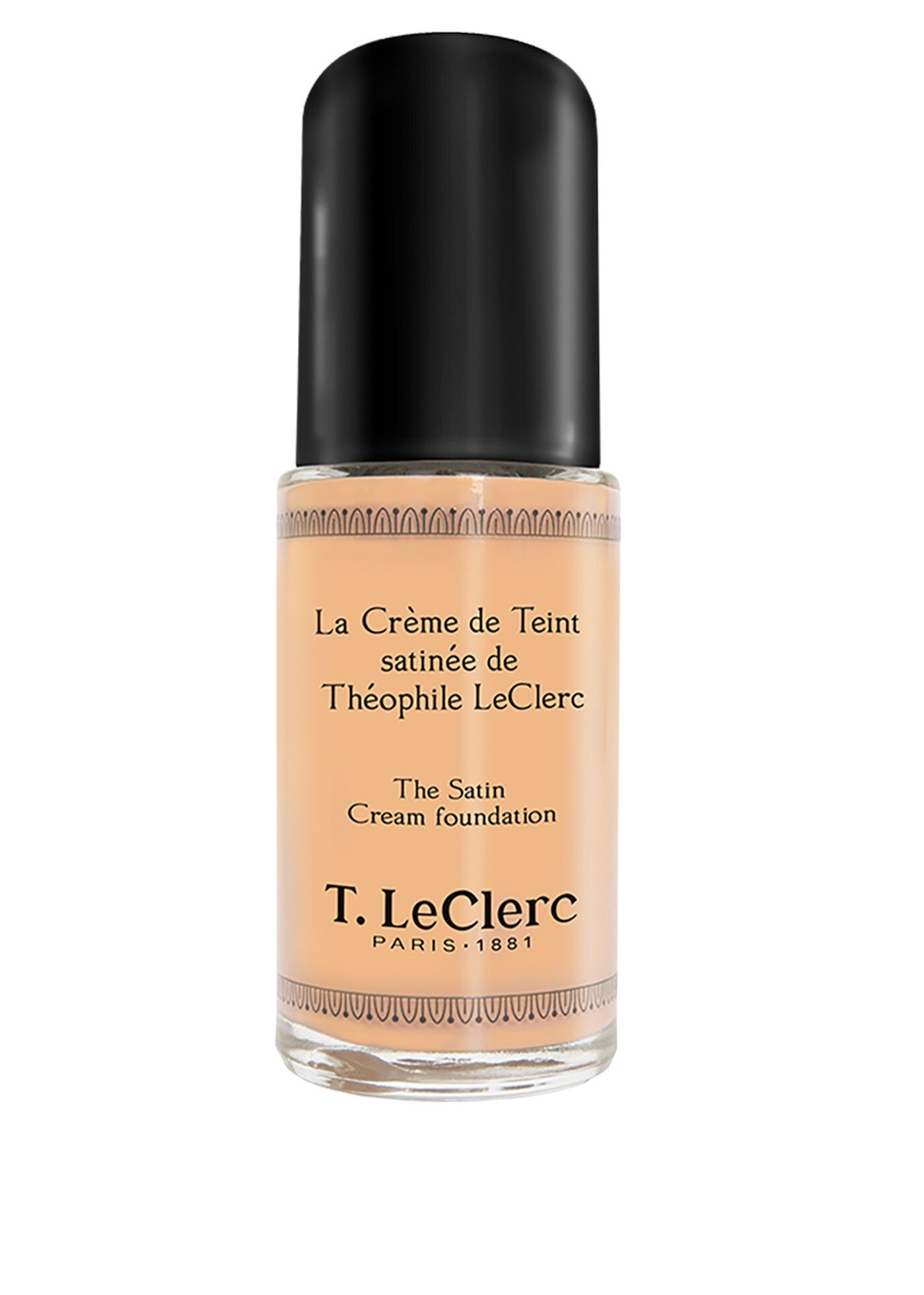 T.LeClerc Foundation Satin Cream Foundation. Flasche mit schwarzem Deckel. Text: La Crème de Teint satinée de Théophile LeClerc.