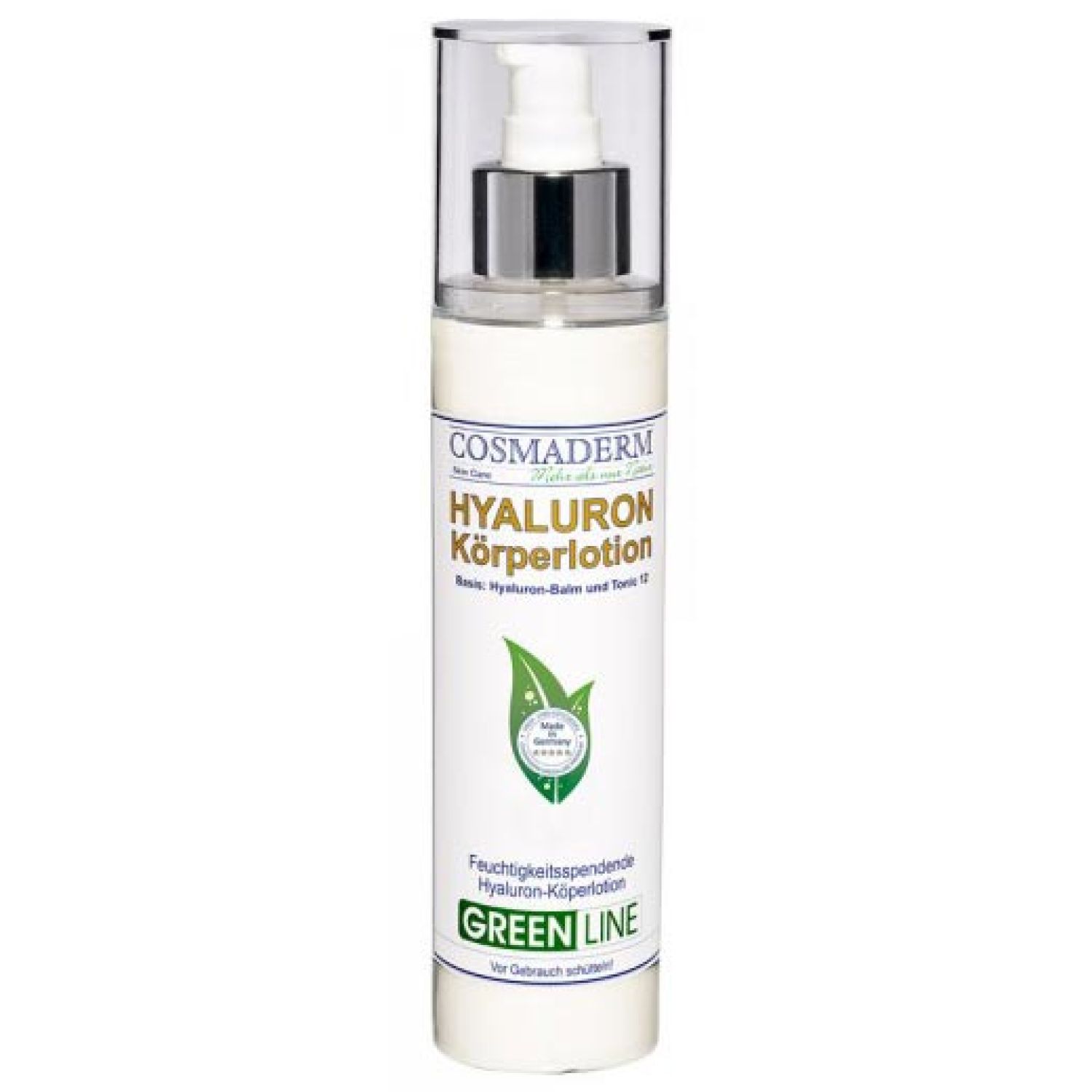 Weiße Flasche mit Pumpe. Aufschrift: COSMA DERM, HYALURON Körperlotion, GREEN LINE. Mit grünem Blatt-Logo und Qualitätszeichen.