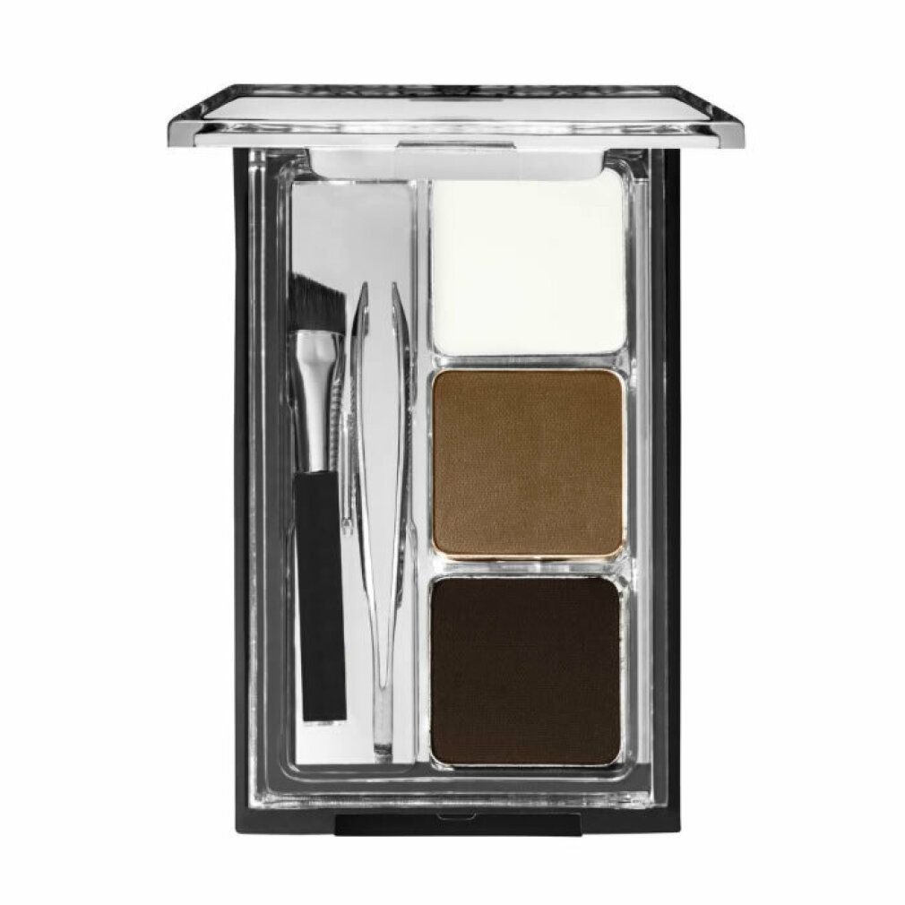 Augenbrauen-Kit mit drei Farbtönen, Pinsel, Pinzette und Applikator. "Wet n Wild Ultimate Brow Kit". Geöffnet.
