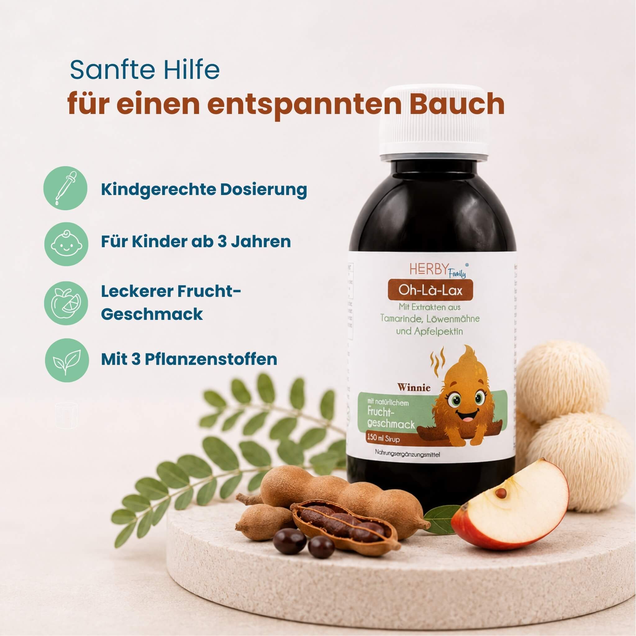 Herby Family Oh-La-Lax Sirupflasche mit Zutaten und Text.
