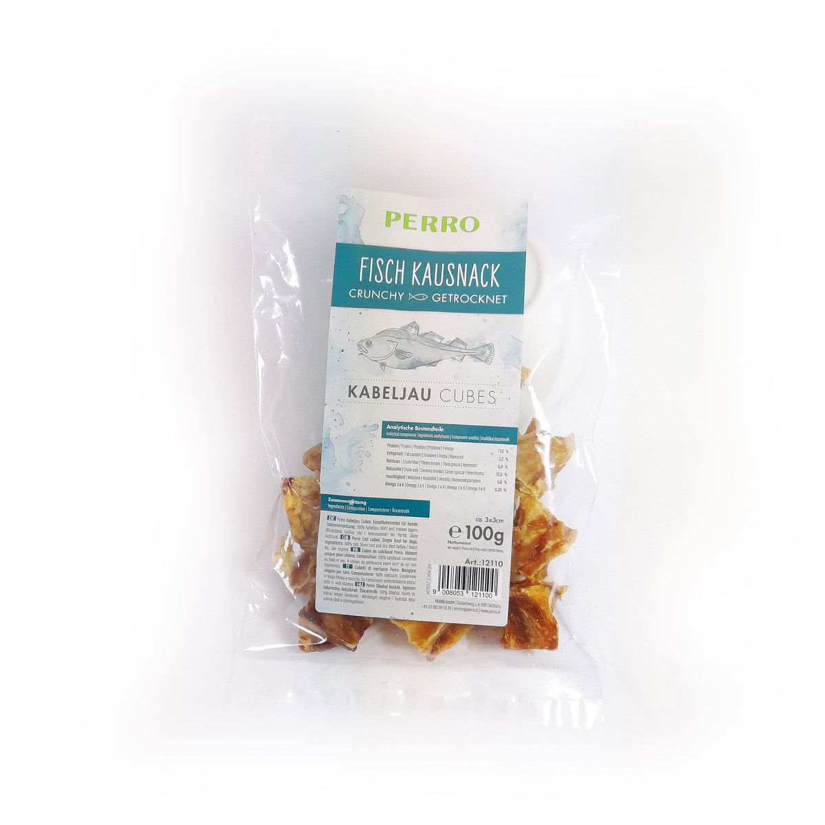 Verpackung mit Fisch-Kausnack-Würfeln. Aufdruck: PERRO, Fisch Kausnack, Kabeljau Cubes, 100g. Transparente Verpackung mit Produkt sichtbar.