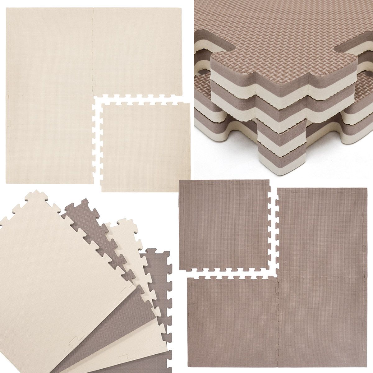 Puzzlematte, beige und braun, in verschiedenen Anordnungen. Einzelne Teile und gestapelte Matten mit Rand.