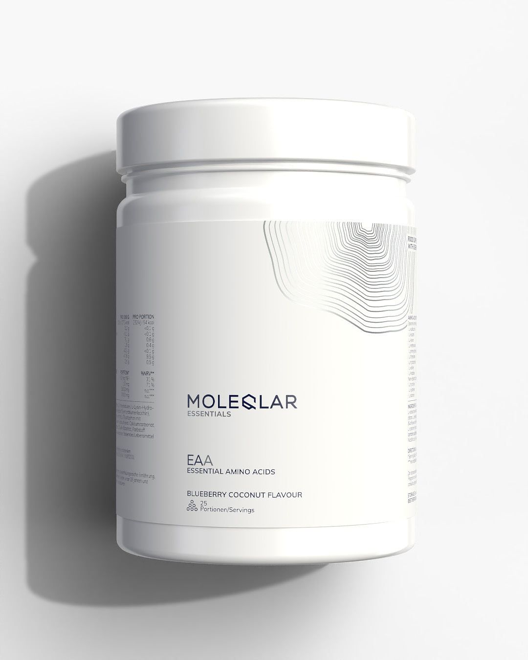Weißes Supplement-Behältnis mit Deckel. Aufschrift: MoleQlar Essentials, EAA Essential Amino Acids, Blueberry Coconut Flavour. 25 Portionen.
