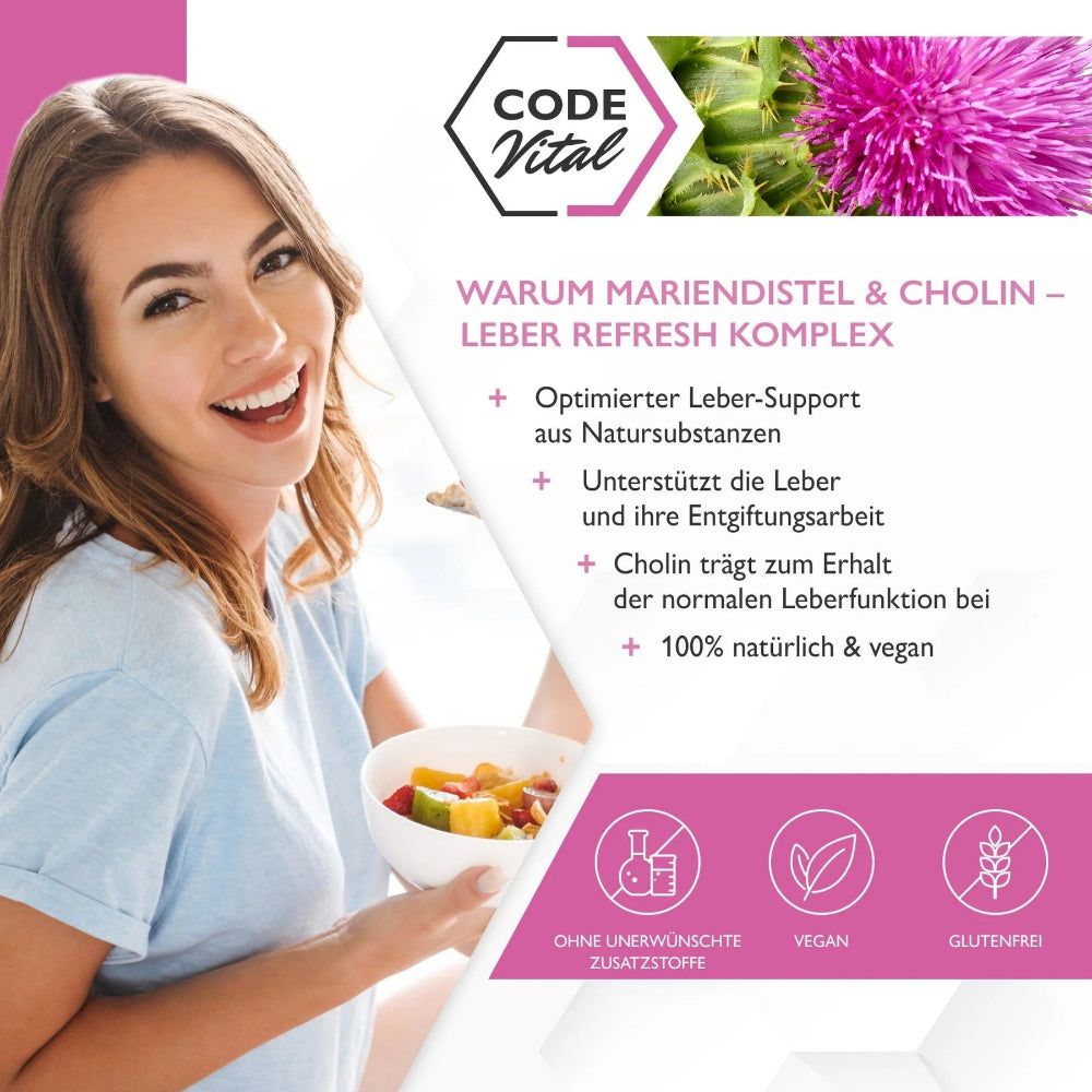Frau mit Schüssel Obstsalat. Text: Warum Mariendistel & Cholin - Leber Refresh Komplex. Logos: Vegan, Glutenfrei, ohne Zusatzstoffe.