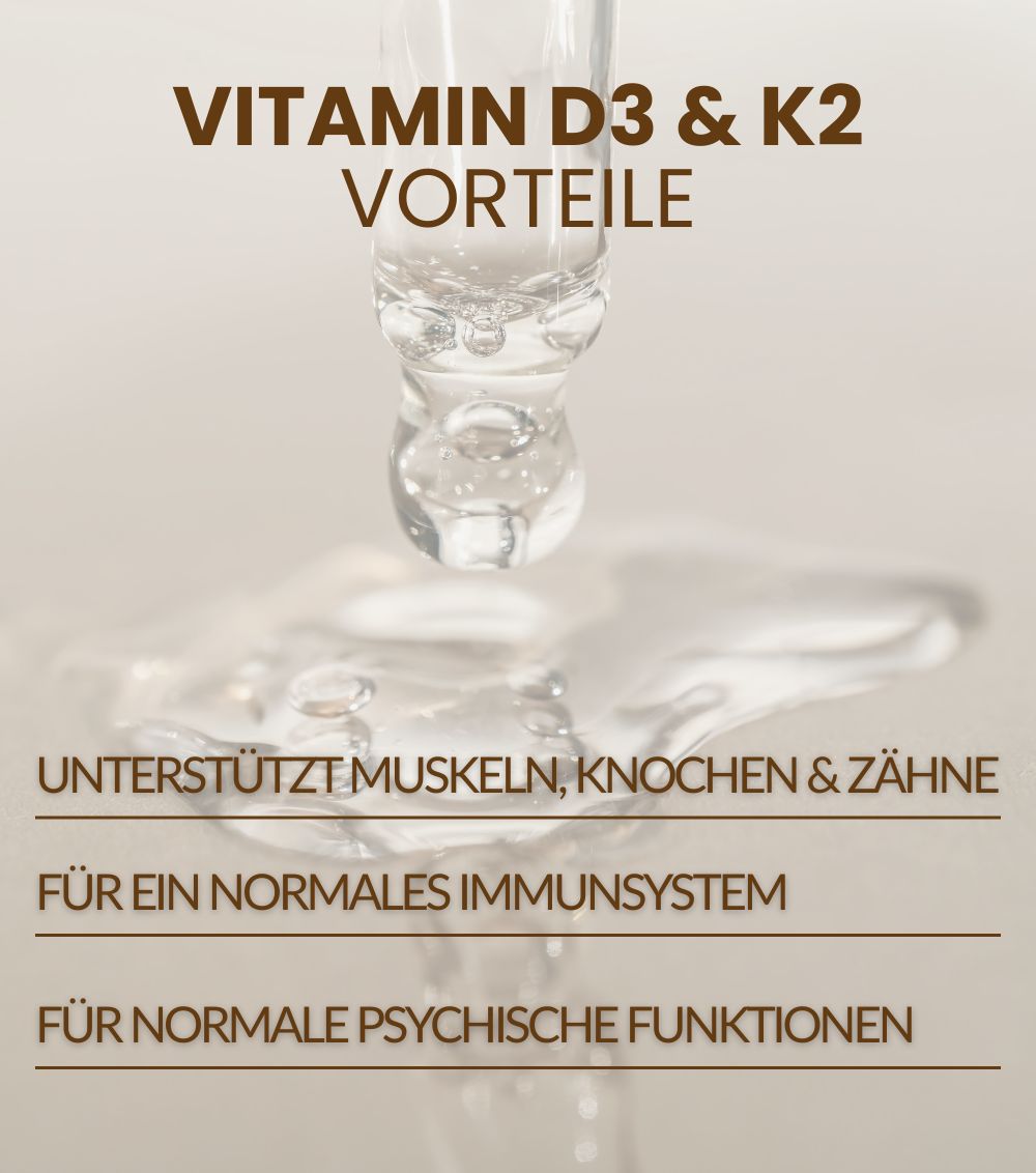 Tropfer mit Flüssigkeit. Text: Vitamin D3 & K2 Vorteile. Unterstützt Muskeln, Knochen & Zähne, für Immunsystem, für psychische Funktionen.