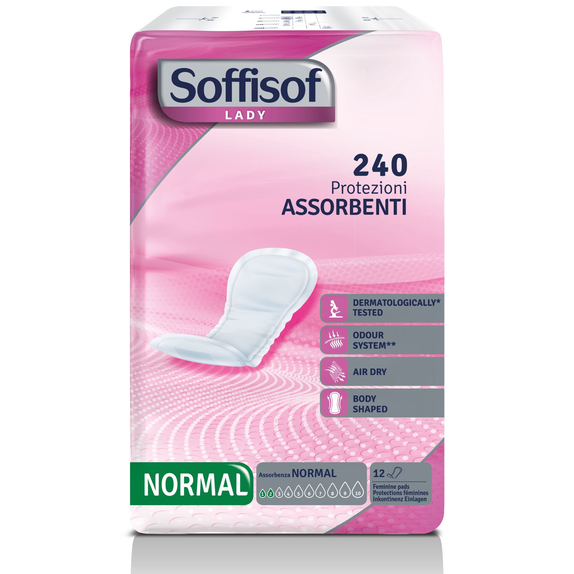 Paquet de serviettes Soffisof Lady Normal. 240 protections absorbantes. Testé dermatologiquement, système anti-odeurs, respirant, forme anatomique.