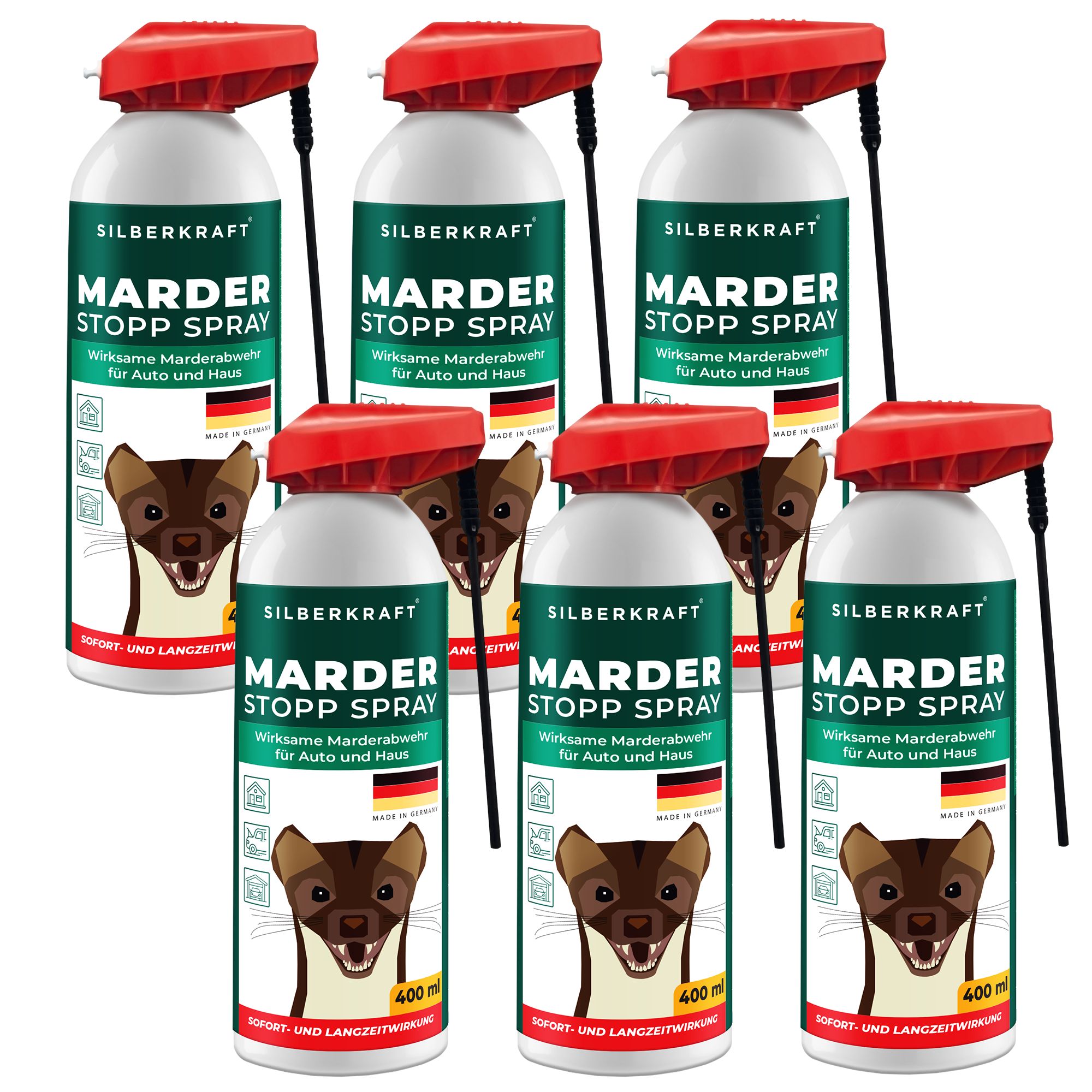 Mehrere Sprühdosen SILBERKRAFT Marder-Stopp Spray. Weiße Dosen mit rotem Sprühkopf und schwarzem Sprührohr. Aufdruck mit Marder-Illustration.