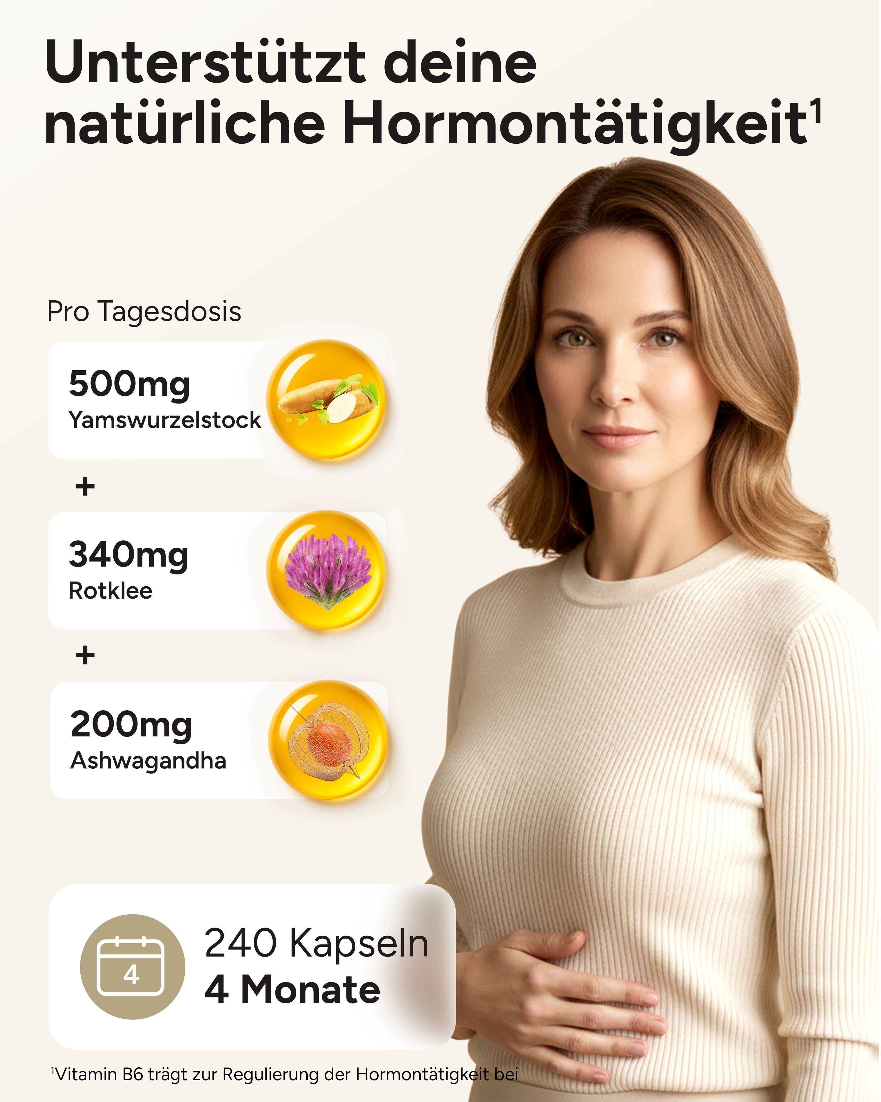 Frau mit Hand auf dem Bauch. Grafiken zeigen Yams, Rotklee und Ashwagandha. Text: 240 Kapseln, 4 Monate.