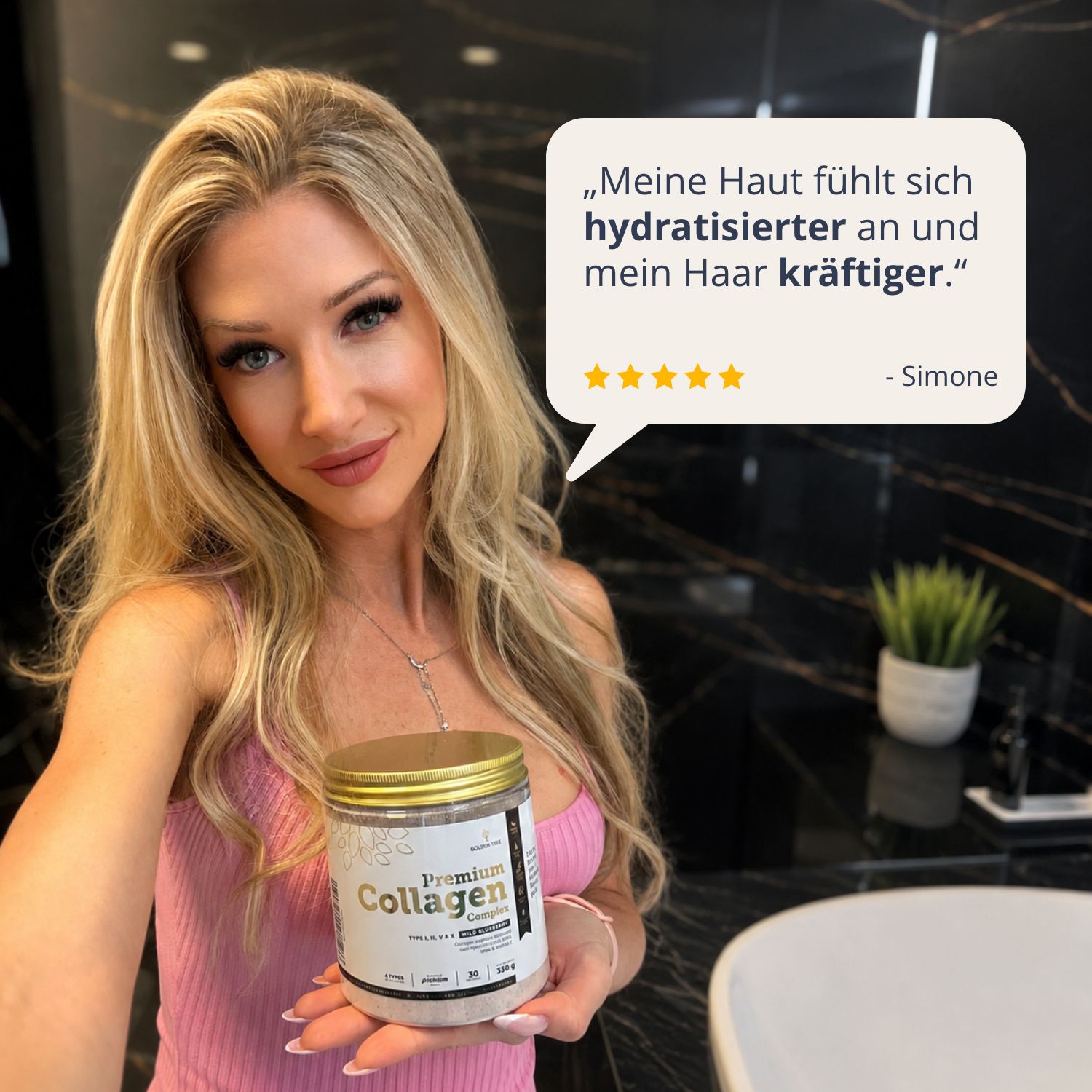 Frau mit Golden Tree Premium Collagen Complex, positive Bewertung zur Haut und Haaren.