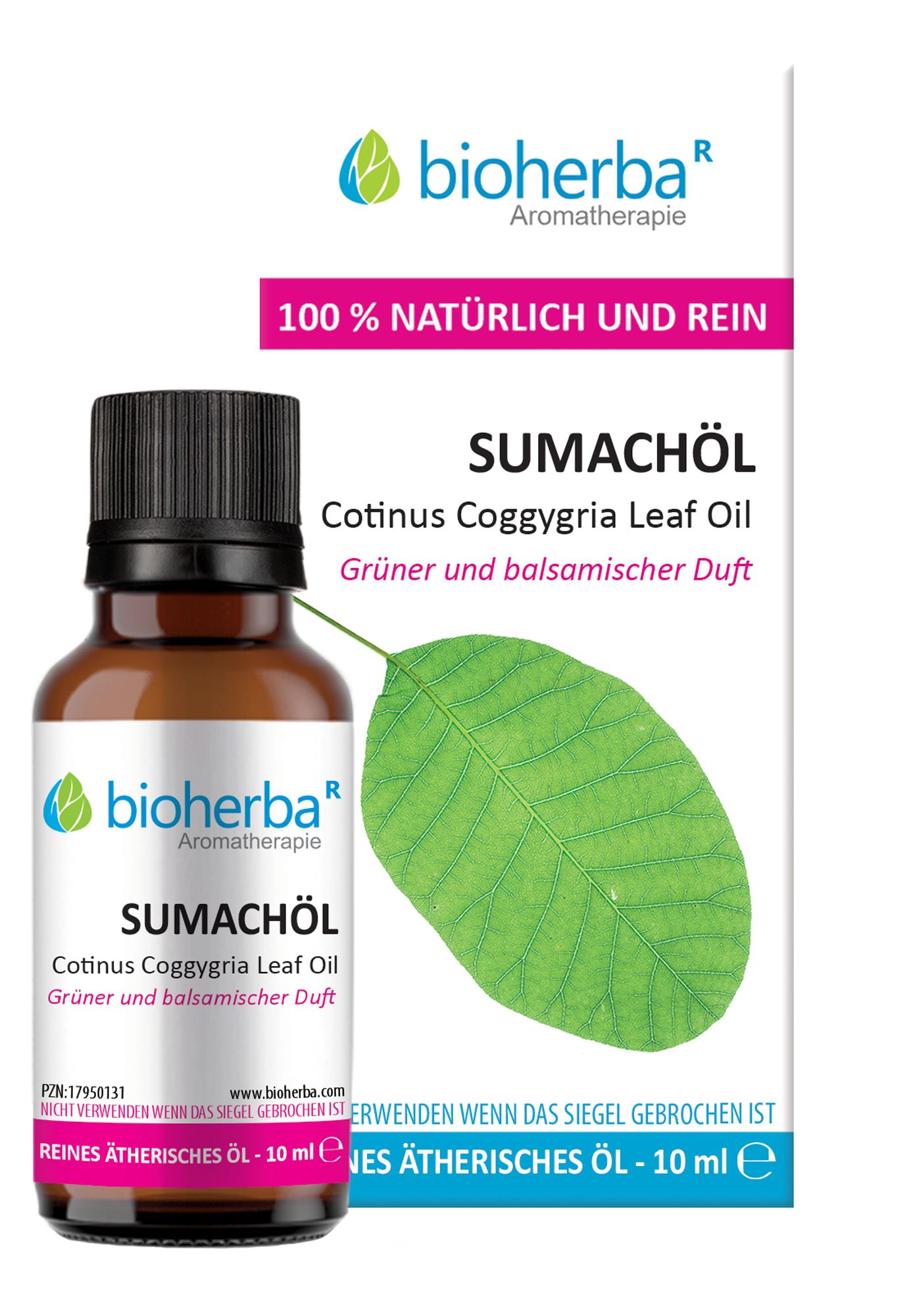 Braune Glasflasche mit schwarzem Deckel. Etikett mit Produktname, Marke und grüner Blattabbildung. Aufschrift: Reines ätherisches Öl.