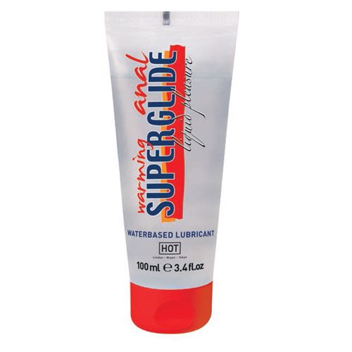 Transparentes Gel in Tube. Schriftzug SUPER GLIDE, darunter WATERBASED LUBRICANT und HOT. Roter Verschluss.