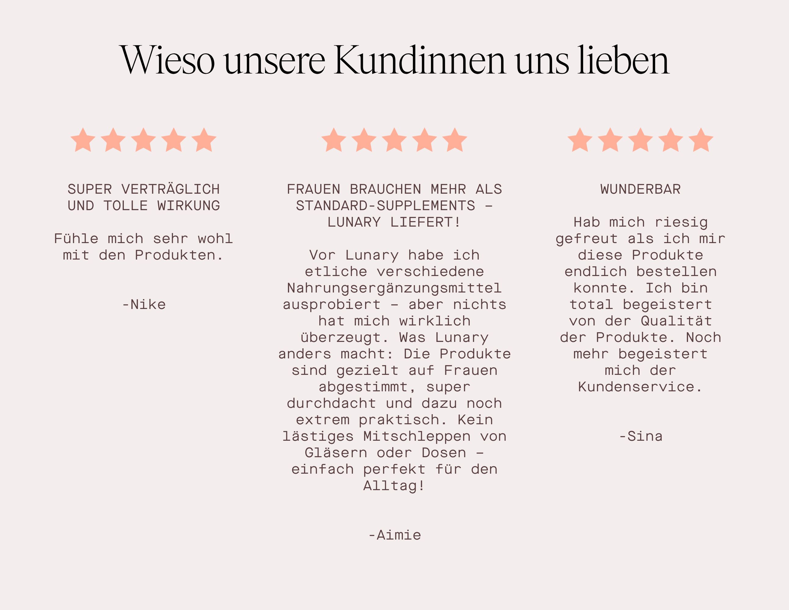 Text: Wieso unsere Kundinnen uns lieben. Zitate von zufriedenen Kundinnen über die Produkte und den Kundenservice.