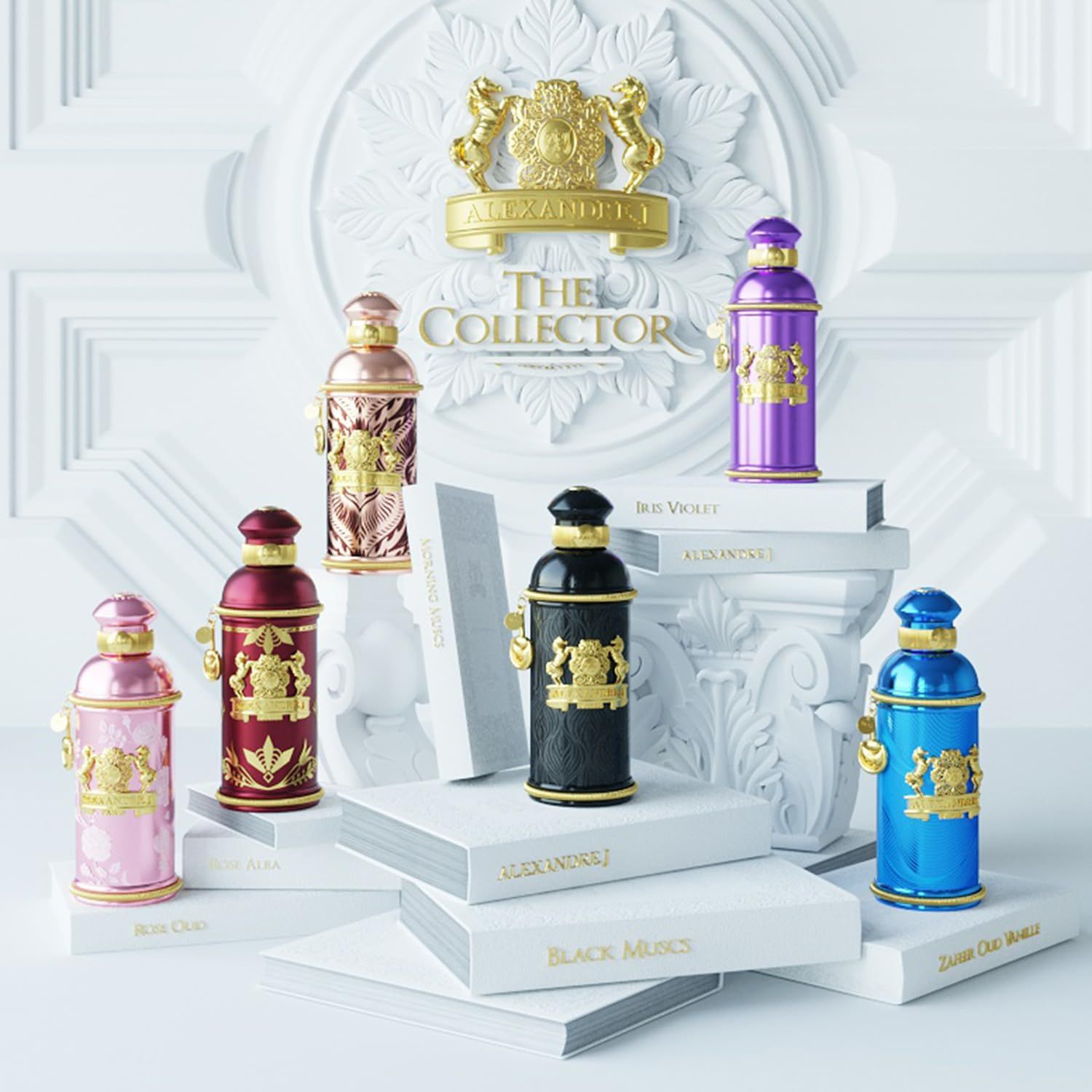 Mehrere Flakons mit goldfarbenen Verzierungen auf Büchern. Aufschrift: The Collector, Black Muscs, etc.
