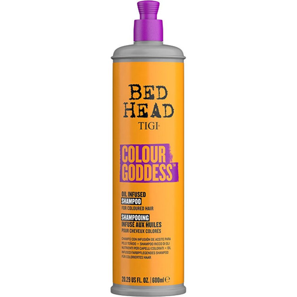 Gelb-orangefarbene Shampoo-Flasche mit lila Pumpe. Aufschrift: Bed Head Tigi Colour Goddess. Text in mehreren Sprachen.