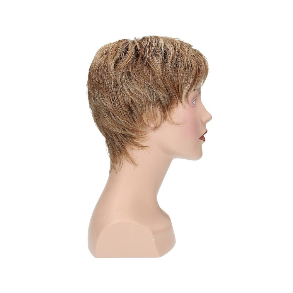 Kurze blonde Perücke auf einem Schaufensterkopf. Seitenansicht, Blick nach rechts.