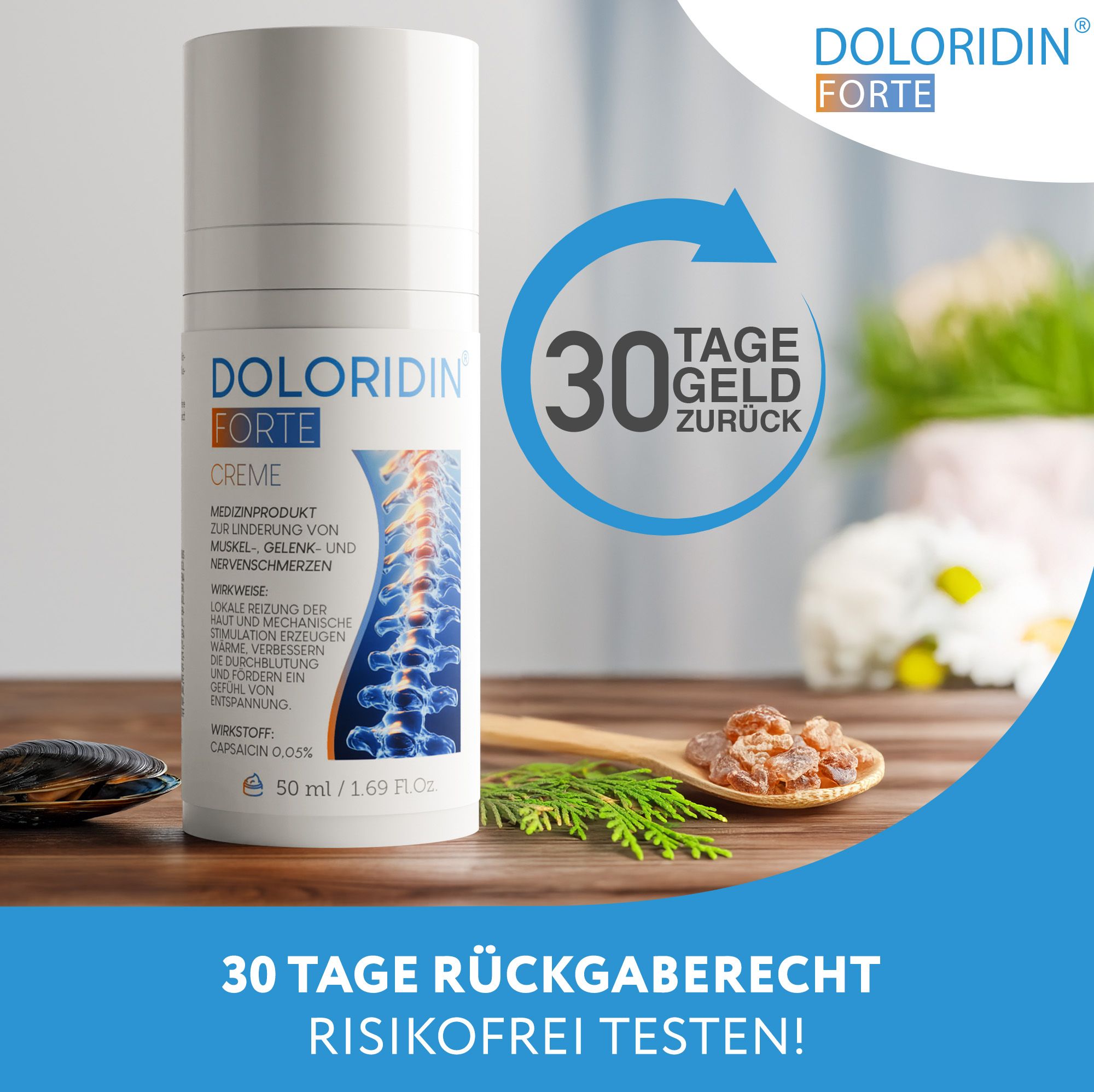 Doloridin Forte Creme, weiße Tube. 30 Tage Geld zurück Garantie. Text: 30 Tage Rückgaberecht. Risikofrei testen!