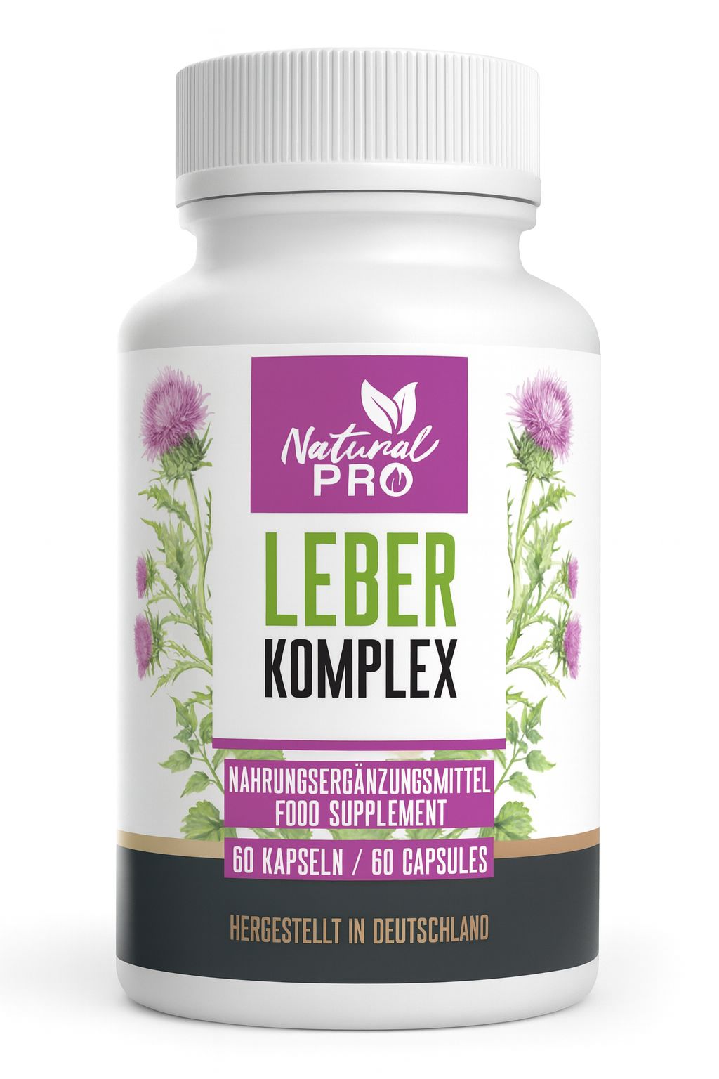 Weiße Flasche mit Kapseln. Aufschrift: LEBER KOMPLEX, Natural PRO. 60 Kapseln. Hergestellt in Deutschland. Lila Etikett mit Distelblüten.