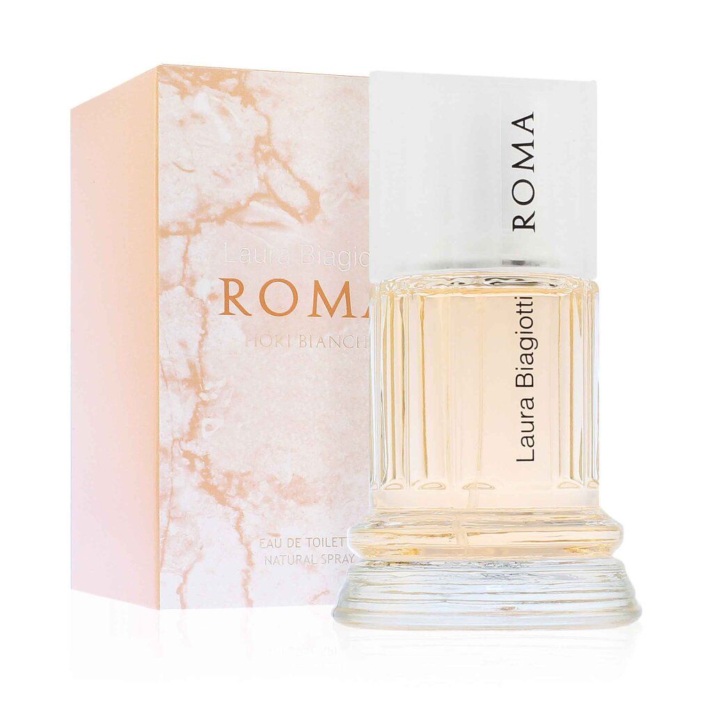 Laura Biagiotti Roma Fiori Bianchi Eau de Toilette Flakon und Verpackung.