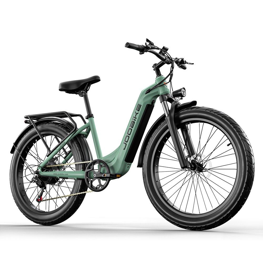 Hellgrünes Elektrofahrrad mit schwarzen Reifen. JOOBIKE-Logo am Rahmen. Frontscheinwerfer. 48V-Batterie.