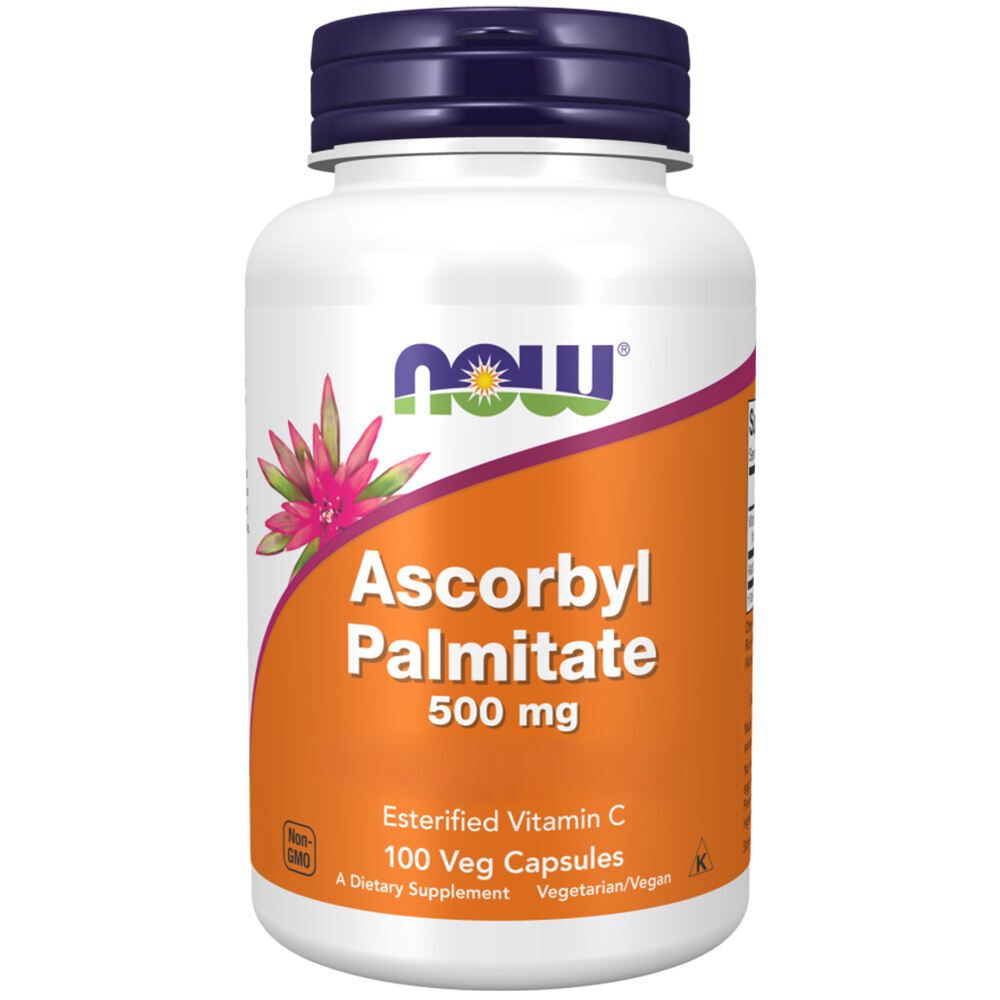 Weiße Flasche mit blauem Deckel. Aufschrift: Ascorbyl Palmitate, 500 mg, 100 Veg Capsules. Marke: NOW.