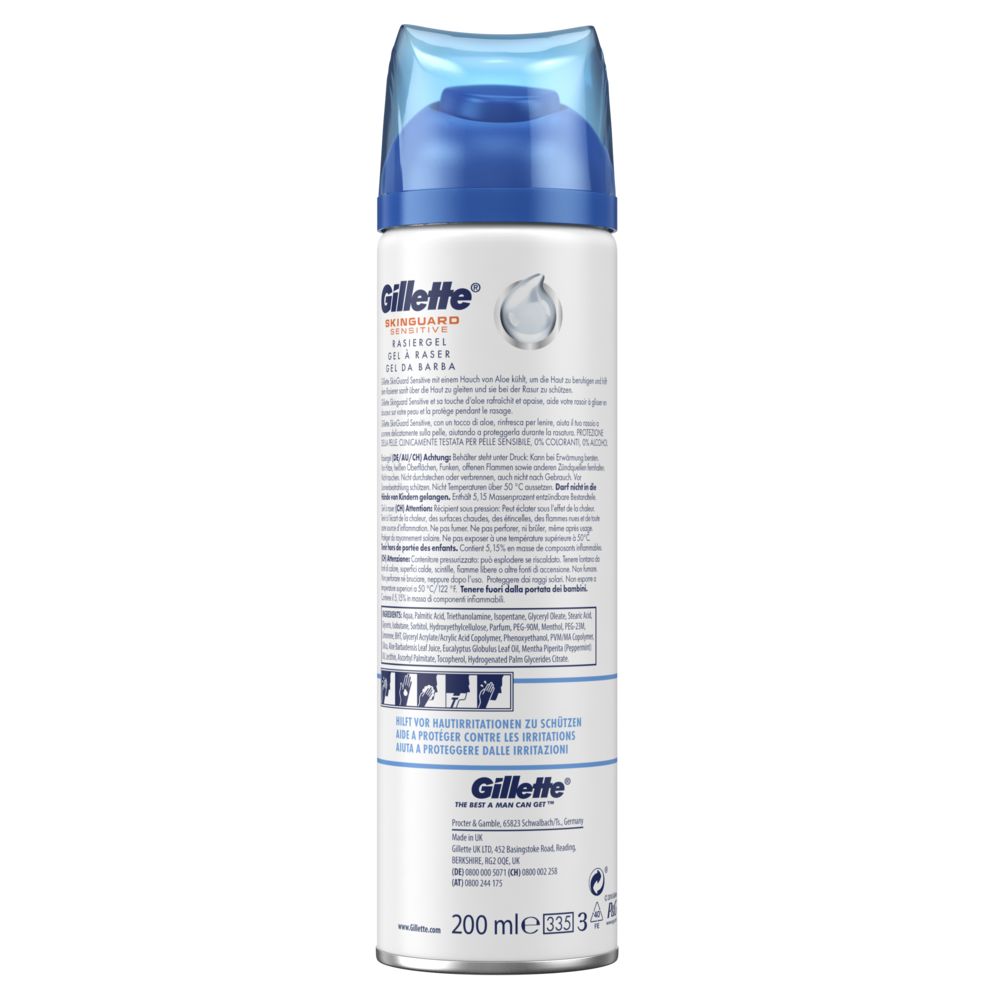 Rückseite der Rasiergel-Dose. Aufschrift: Gillette SkinGuard Sensitive. Text und Piktogramme.