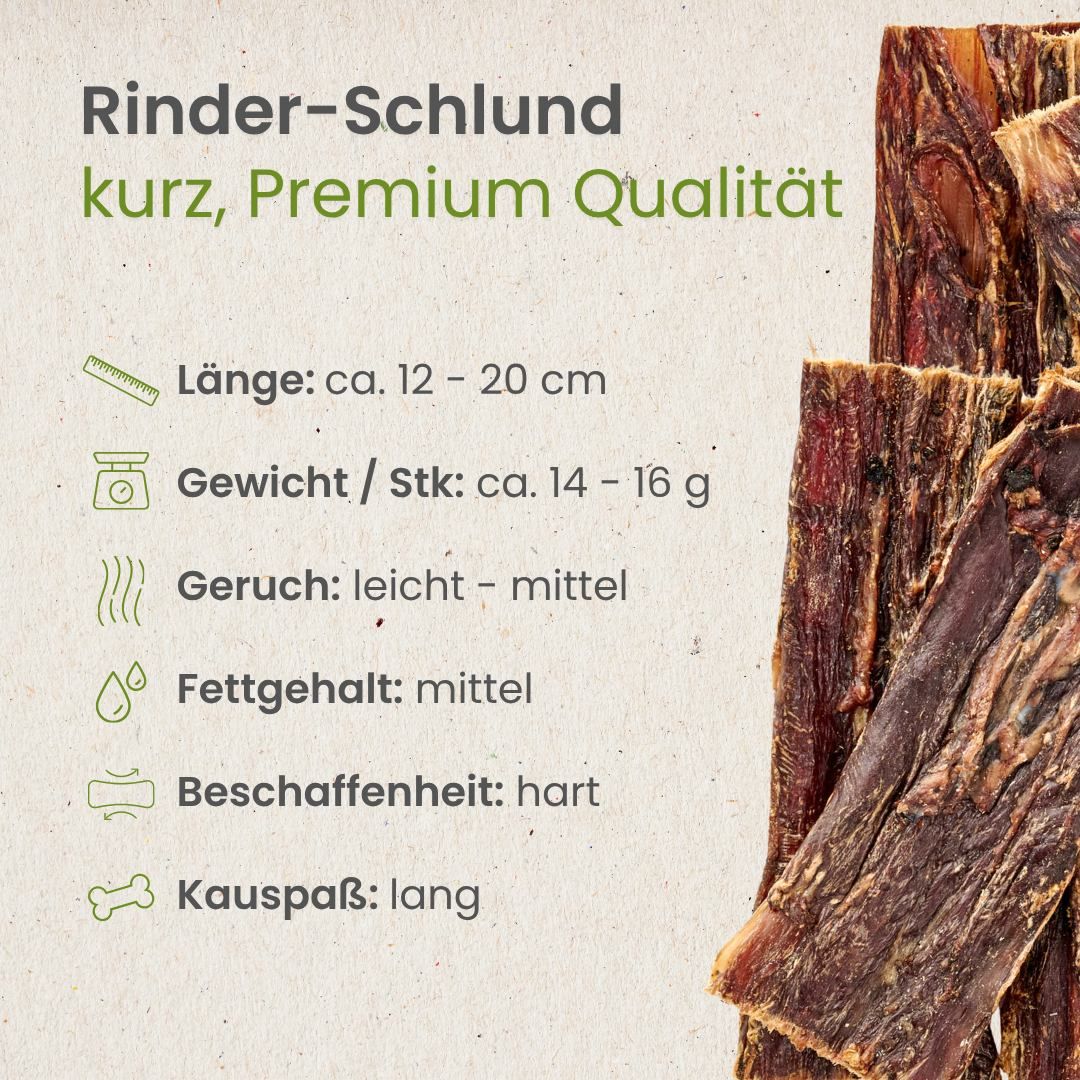 Rinder-Schlund kurz, Premium Qualität. Länge: 12-20 cm. Gewicht/Stk: 14-16 g. Beschaffenheit: hart.