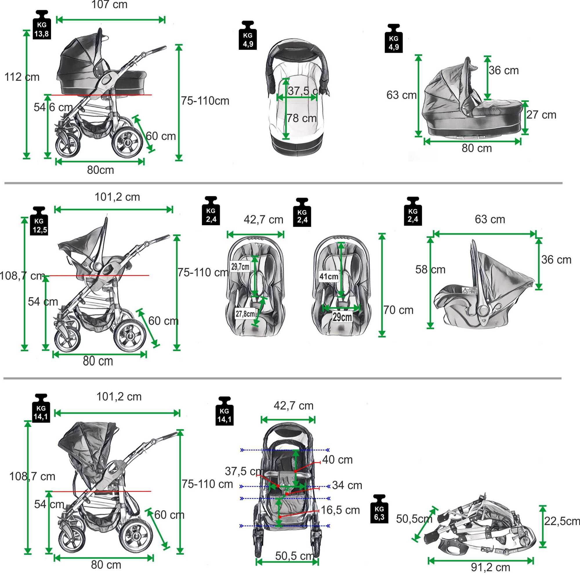 Friedrich Hugo Berlin 3 in 1 Kinderwagen Set GEL Reifen, Dark Grey and White Day