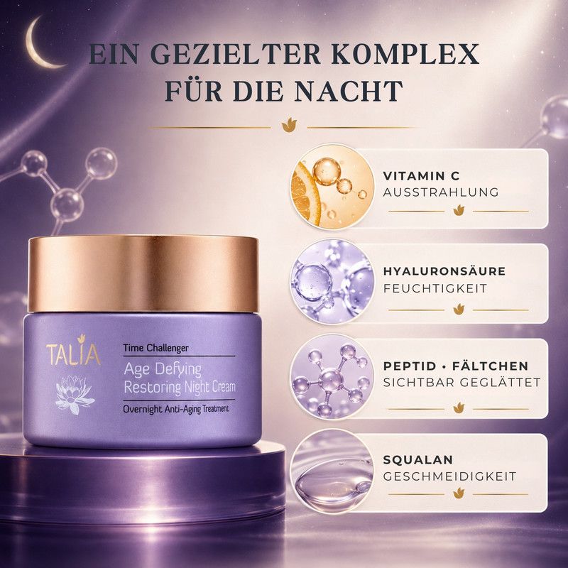 Talia Age Defying Nachtcreme mit Vitamin C, Hyaluronsäure und Peptiden.
