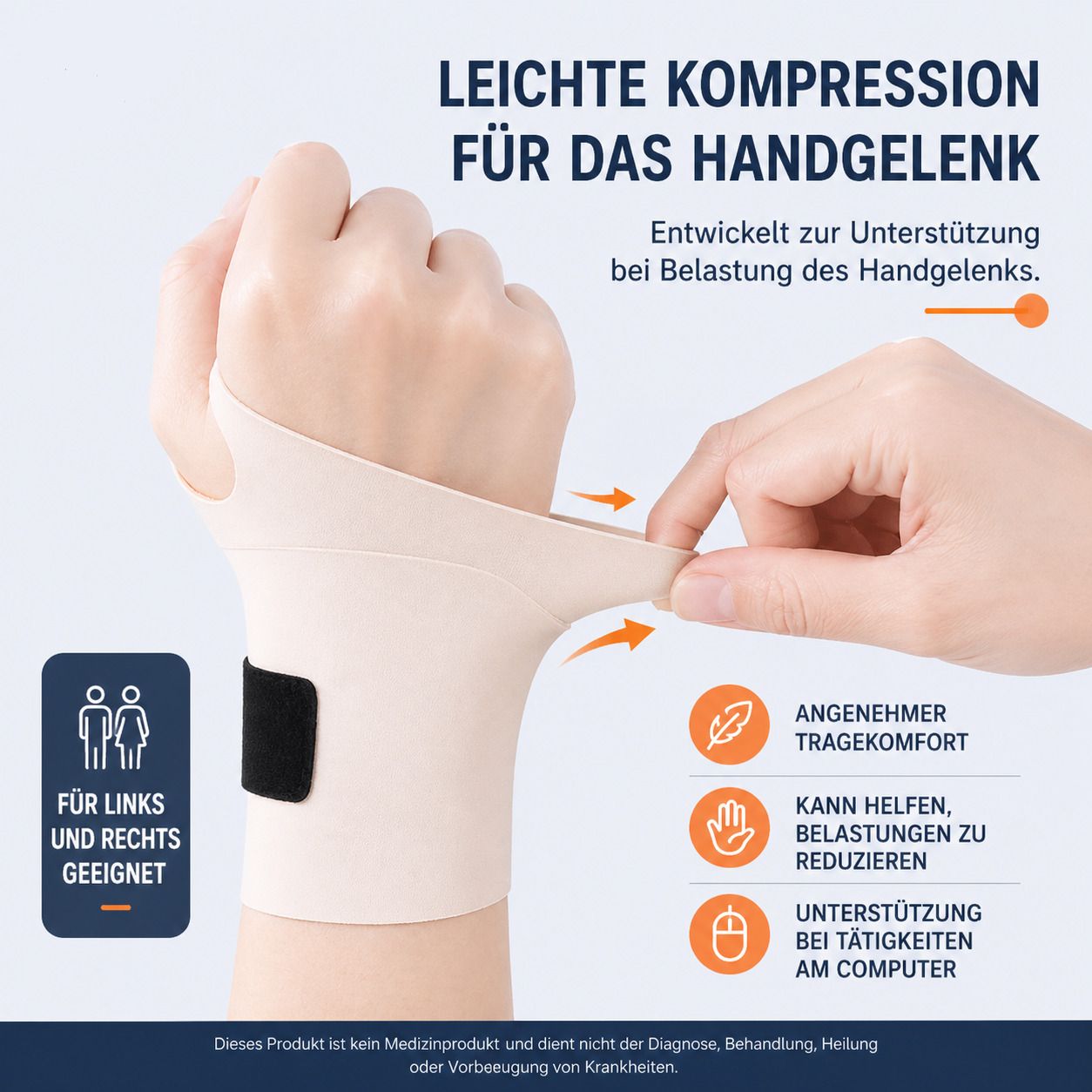 Handgelenkbandage am Handgelenk. Text: Leichte Kompression für das Handgelenk. Für links und rechts geeignet.