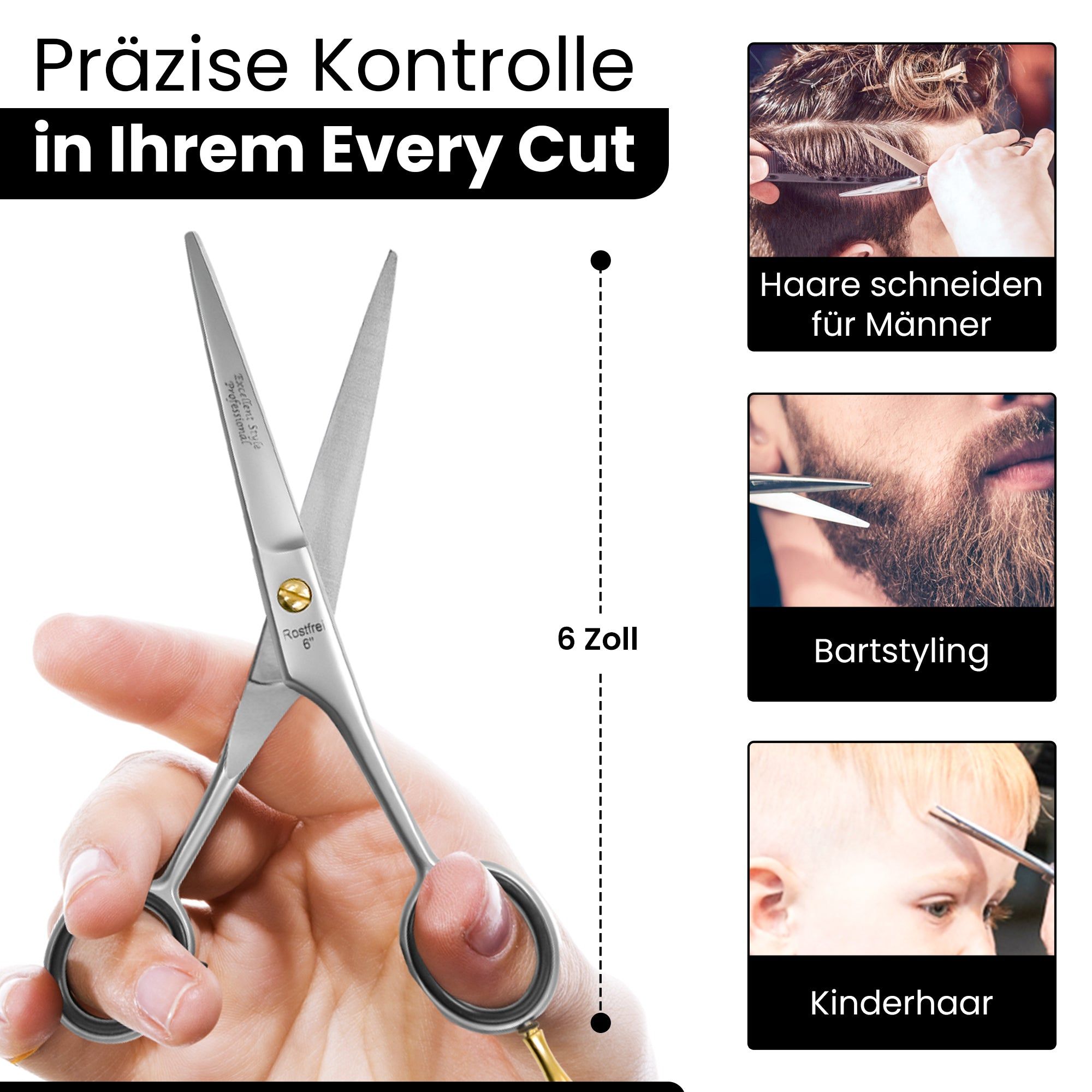 Friseurschere, 6 Zoll, in der Hand gehalten. Nebenbilder: Haareschneiden, Bartstyling, Kinderhaare schneiden. Text: "Präzise Kontrolle in Ihrem Every Cut".