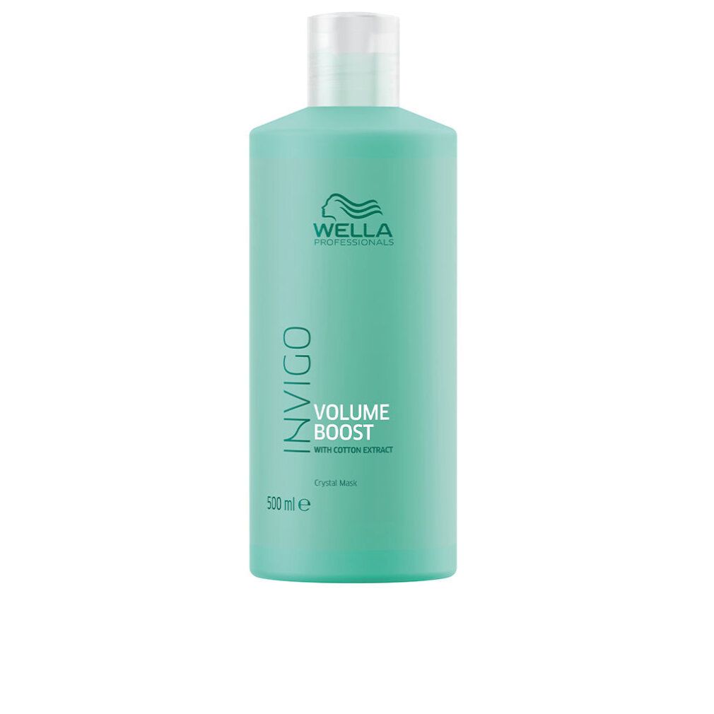 Türkisgrüne Flasche mit weißem Deckel. Aufschrift: Invigo, Volume Boost, Wella Professionals. Volumen: 500 ml.