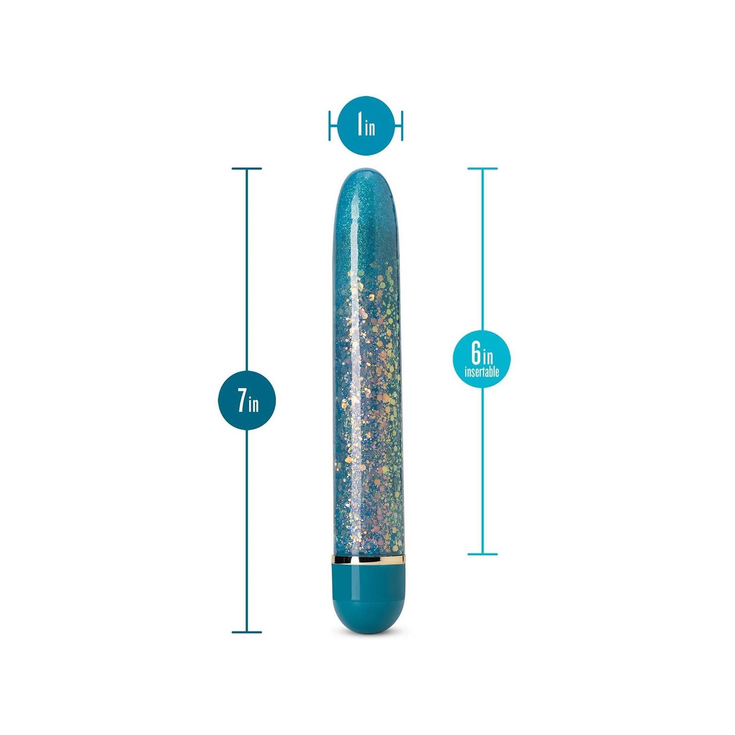 Türkises Wellness-Produkt mit Glitzer, 7 Zoll lang, 1 Zoll Durchmesser. Abgerundete Enden, Metallring.
