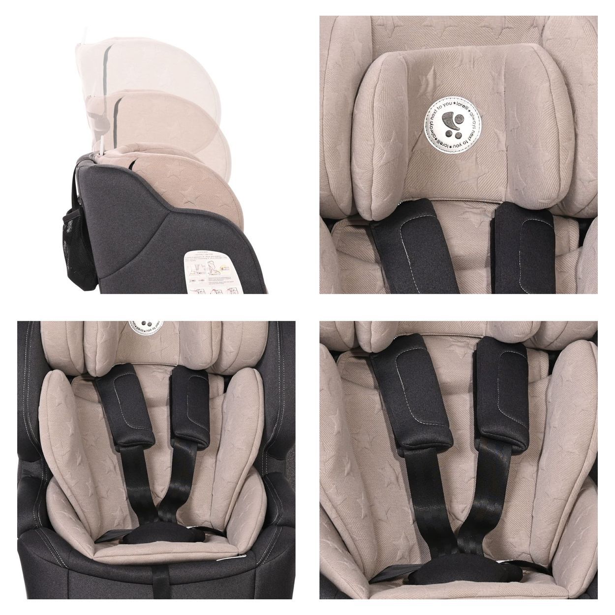 Detailansicht eines Kindersitzes mit gepolstertem Bezug und Gurten.