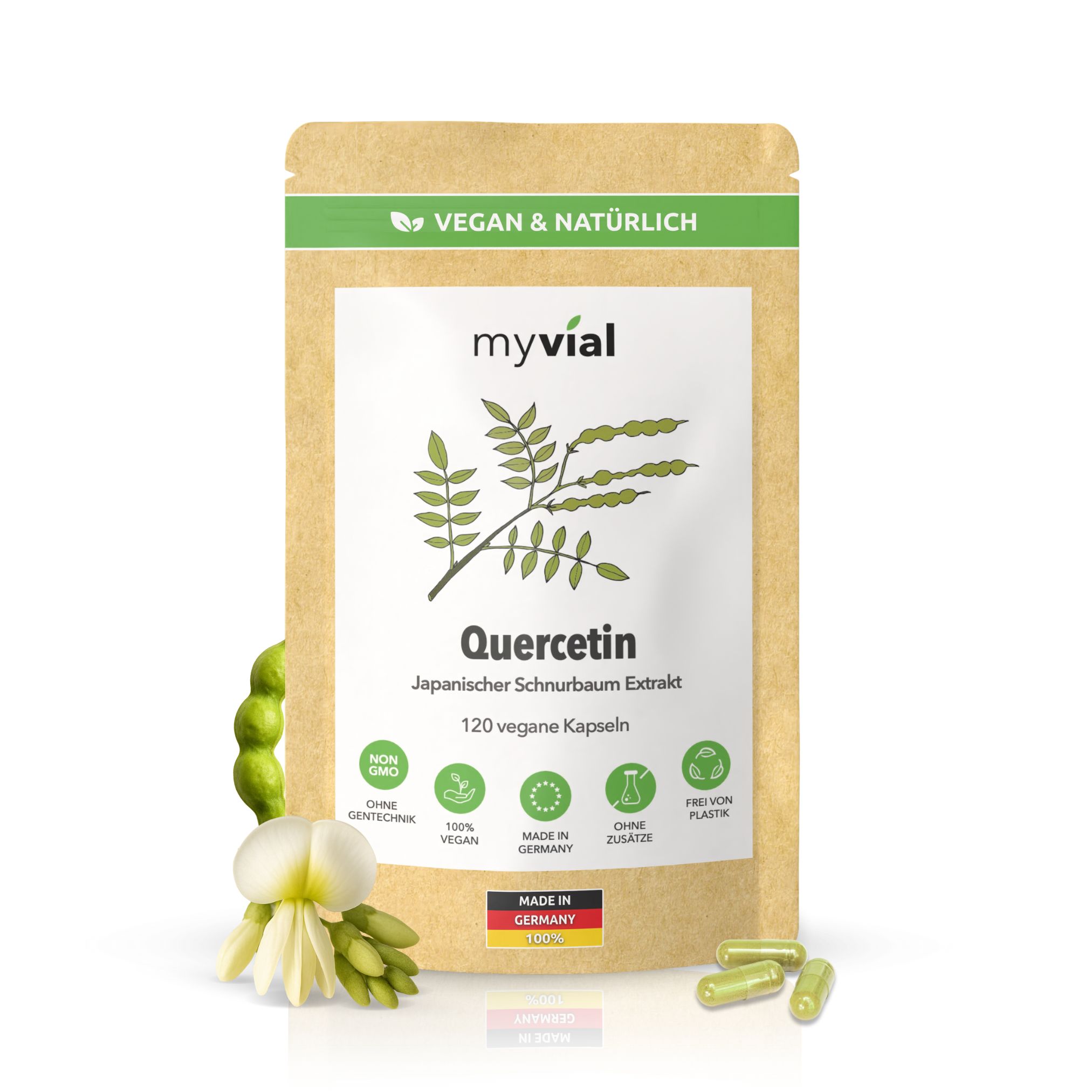 myvial® Quercetin Kapseln 400 mg - 120 St mit 95% aus Sophora japonica vegan