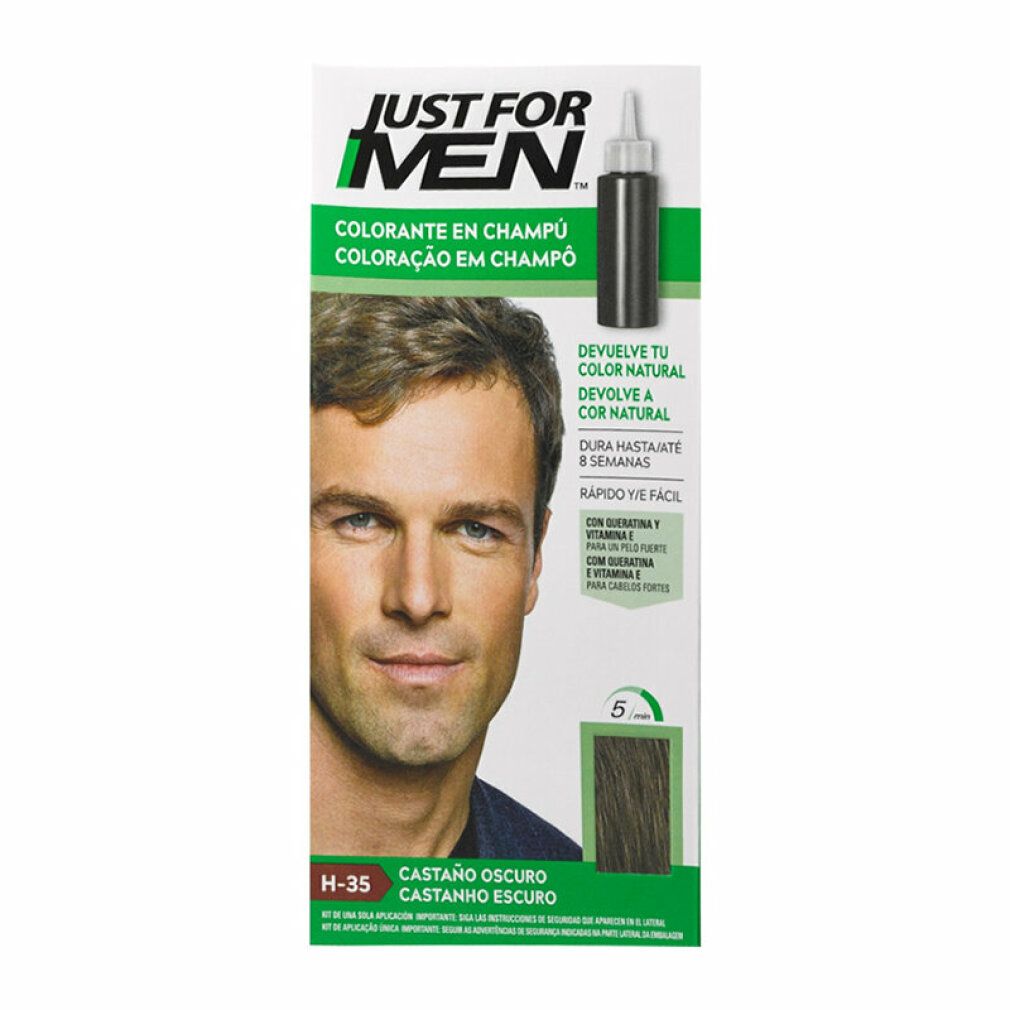 Schachtel mit Haarfarbe. Mann auf der Verpackung. Text: JUST FOR MEN, Colorante en Champú, H-35, Castano Oscuro.