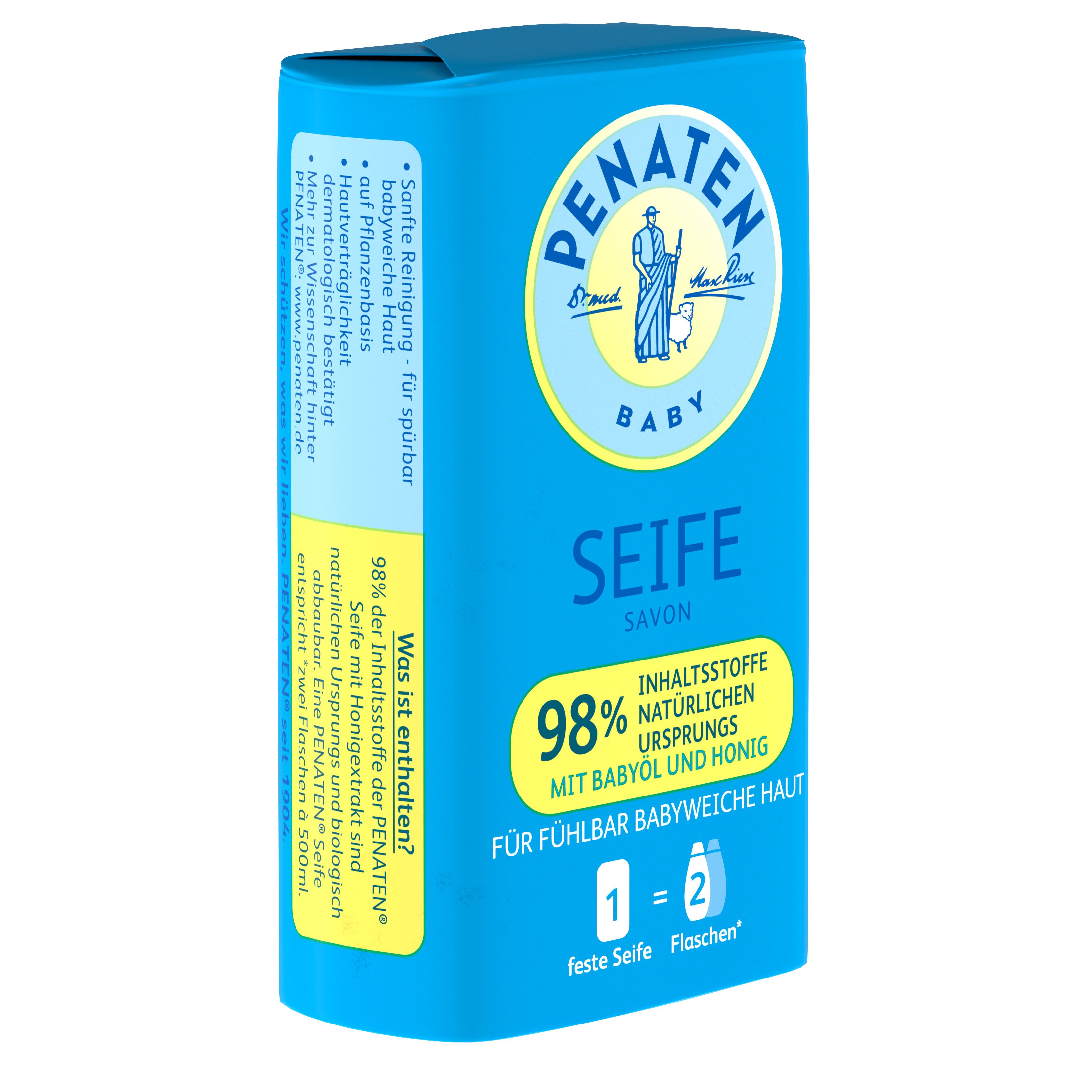 Blaue Seife-Verpackung. Aufschrift: Penaten Baby Seife, 98% natürliche Inhaltsstoffe, mit Babyöl und Honig. Text: Für fühlbar babyweiche Haut.