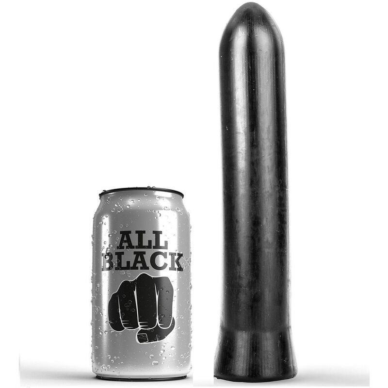Schwarzer Dildo mit runder Spitze, neben einer Dose mit "ALL BLACK" Aufdruck. Beide Objekte stehen auf weißem Hintergrund.