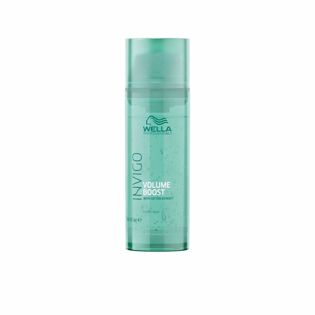 Türkisfarbene Flasche mit Sprühkopf. Aufschrift: INVIGO, Wella Professionals, Volume Boost, mit Baumwollextrakt. Crystal Mask. 150 ml.