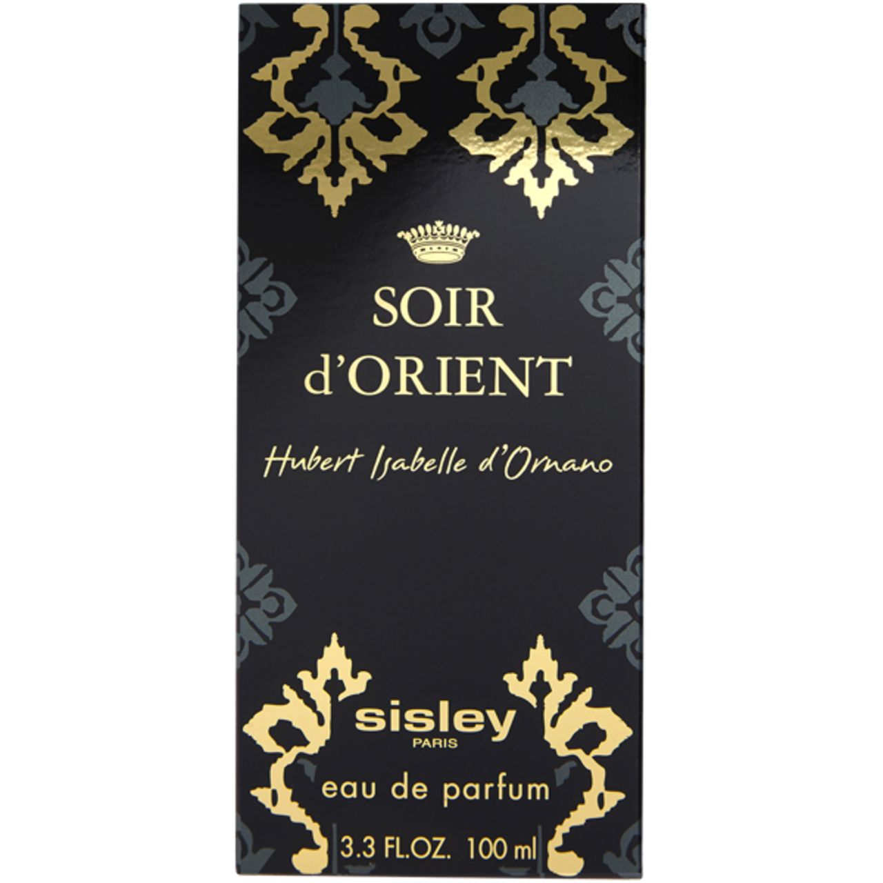 Schwarze Verpackung mit goldenen Verzierungen. Aufschrift: Soir d'Orient, Eau de Parfum. Marke Sisley.