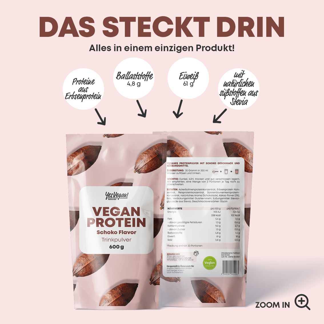 Zwei Packungen veganes Proteinpulver Schokolade (600 g) mit Detailinformationen auf der Rückseite.