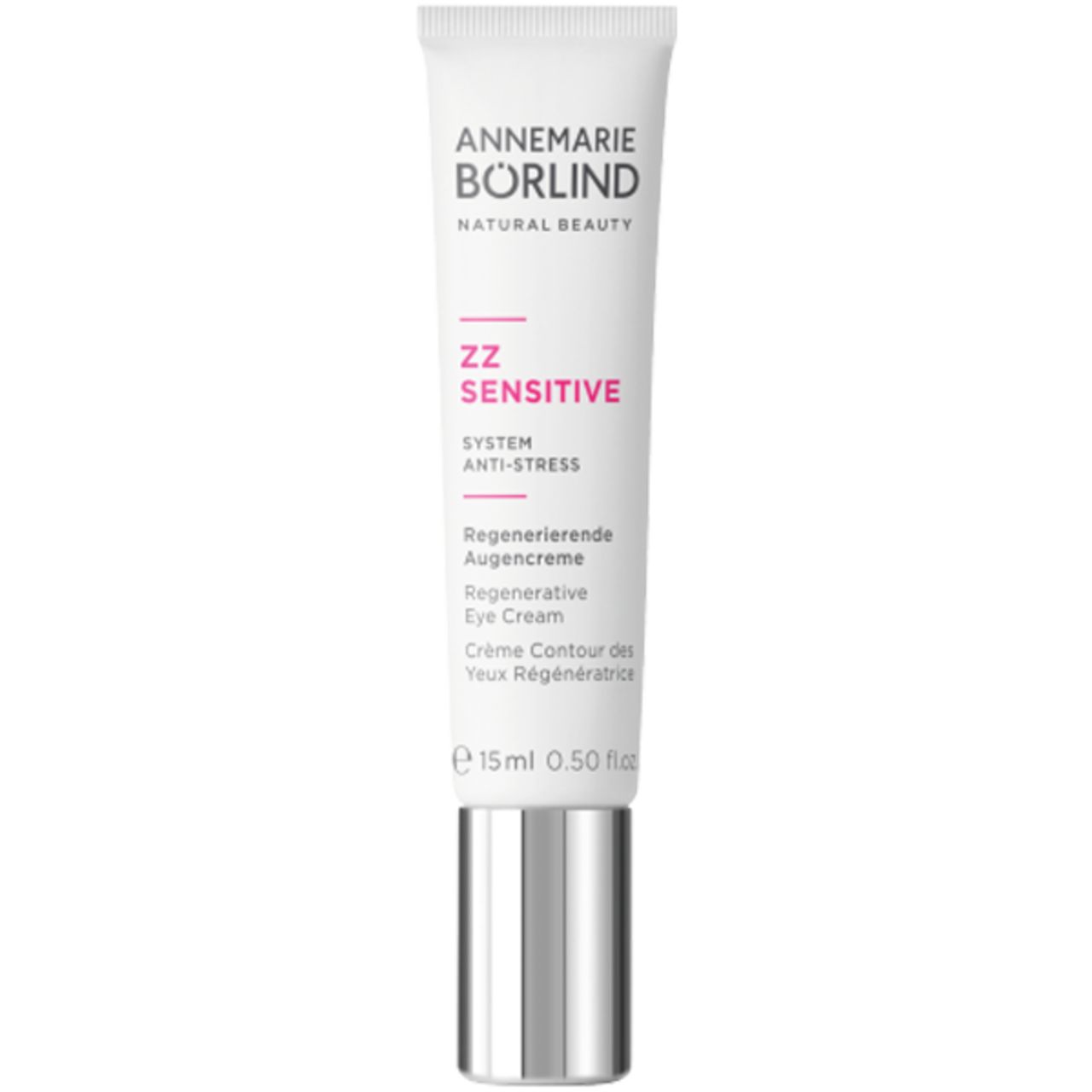 Weiße Tube mit silbernem Deckel. Aufdruck: ANNEMARIE BÖRLIND, ZZ SENSITIVE, Regenerierende Augencreme, 15ml.