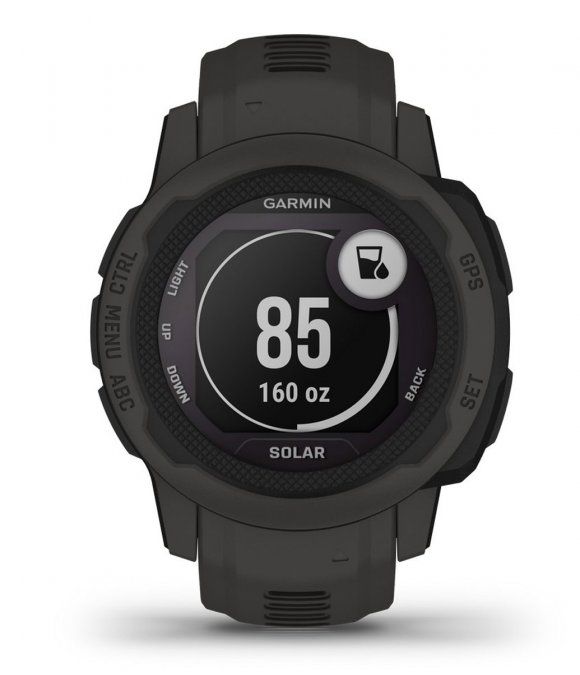 Dunkelgraue Smartwatch mit rundem Display. Zeigt die Zahl 85 und 160 oz an. Marke Garmin sichtbar. Tasten an den Seiten.