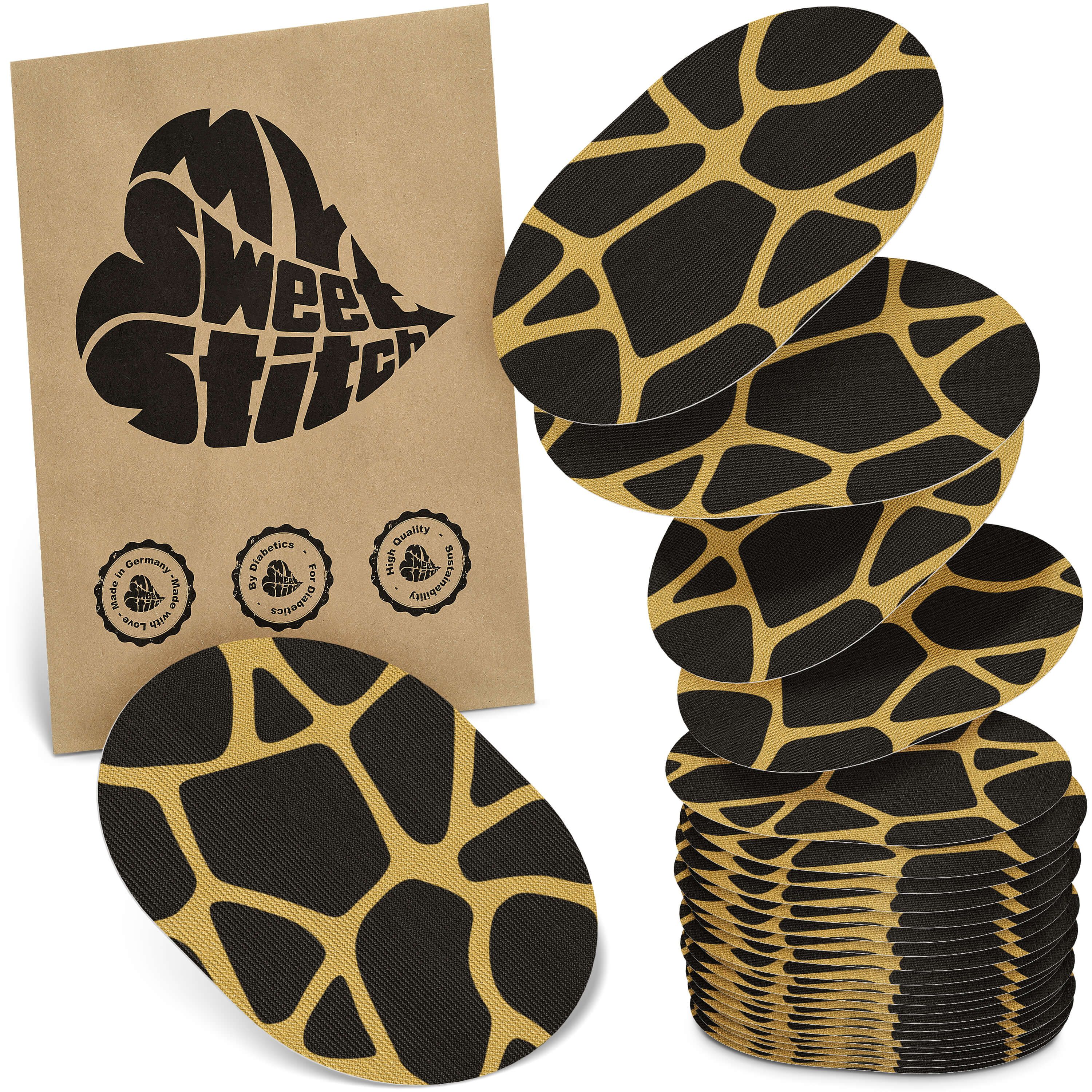 Ovalförmige Pads mit schwarzem Muster auf goldfarbenem Hintergrund. Verpackung mit Logo und Qualitätssiegeln. Stapel von Pads.