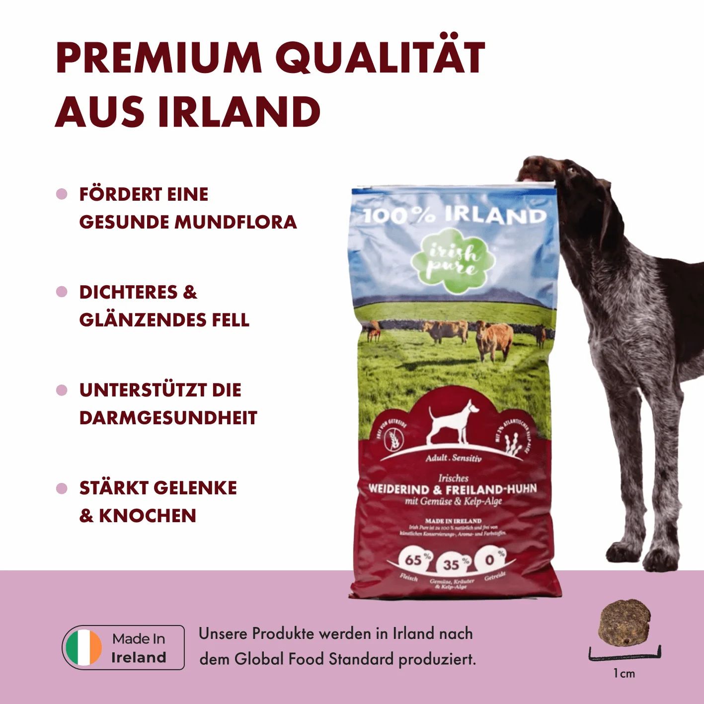 Premium Qualität Irish Pure Hundefutter aus Irland. Fördert Mundflora, Fell, Darmgesundheit, Gelenke & Knochen.