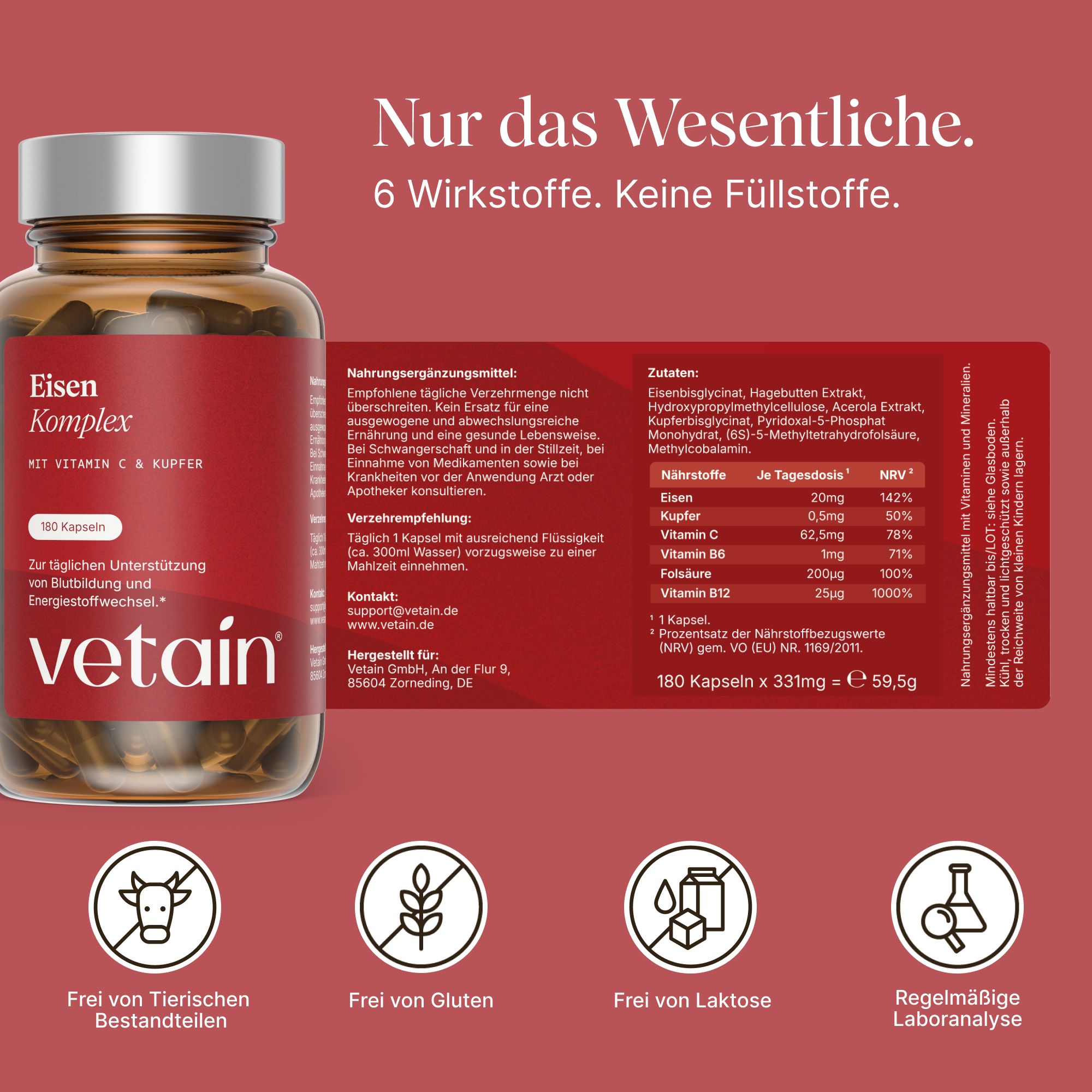 VETAIN Eisen Komplex - Mit 20mg Eisenbisglycinat, Vitamin C, Kupfer, Vitamin B6, B12 & Folsäure