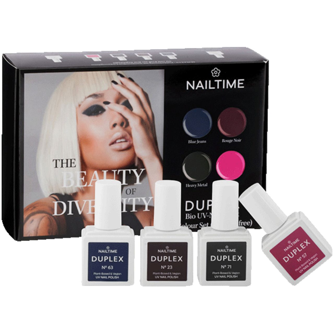 Nailtime Duplex Diversity Collection. Schwarze Box mit Frauengesicht. Vier Nagellackfarben. Drei Flaschen stehen, eine liegt.
