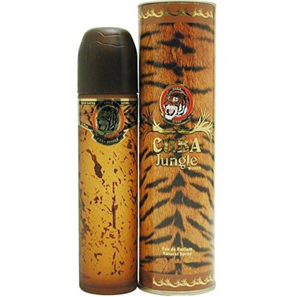 Parfümflasche und Verpackung. Flasche mit braunem Deckel, Verpackung mit Tigerfellmuster. Aufschrift: CUBA Jungle.